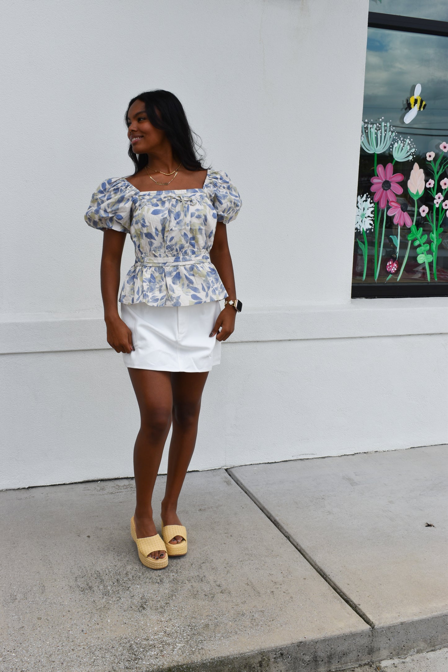 Soft Garden Leaf Print Bubble Sleeved Peplum Blouse