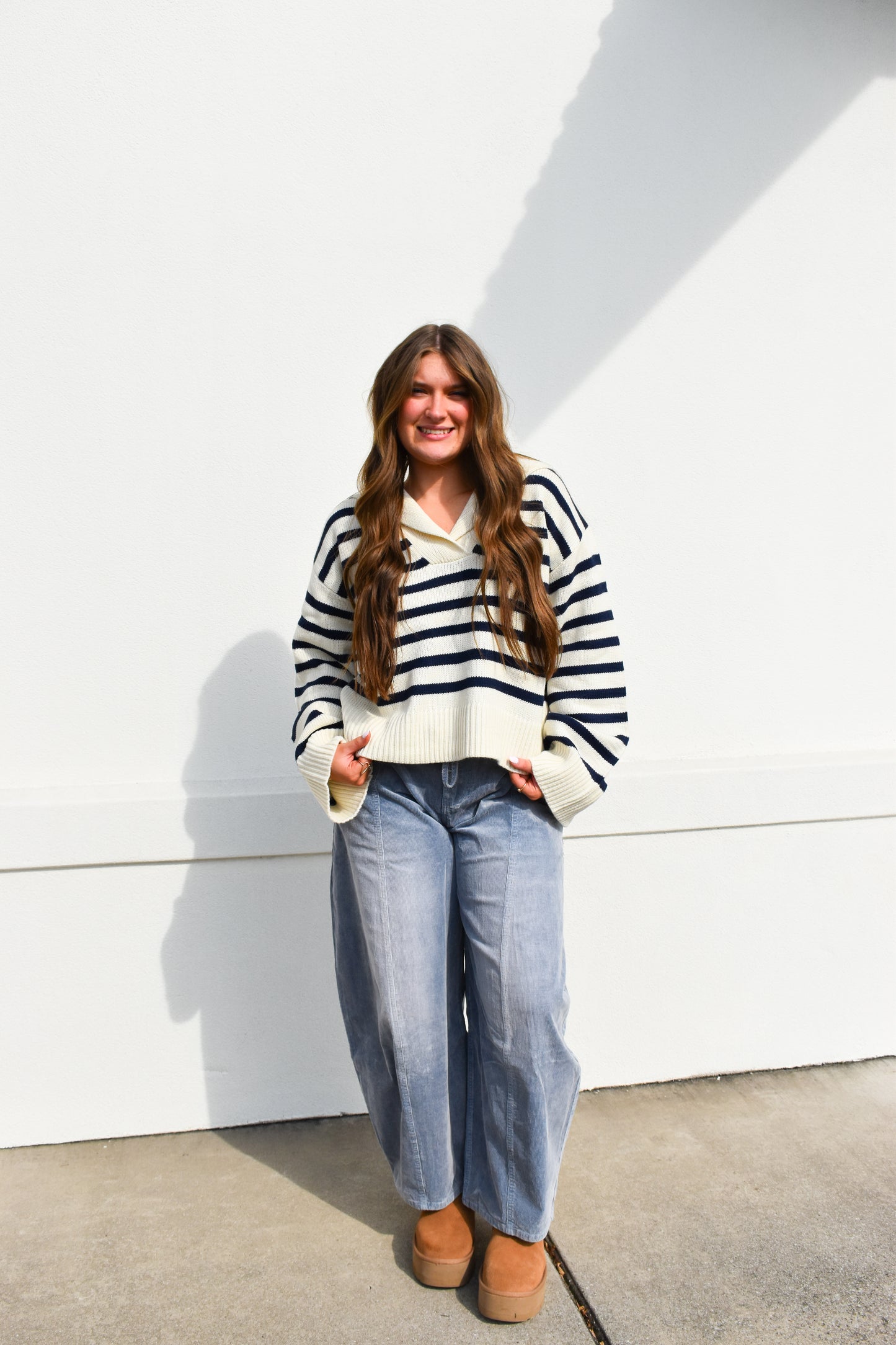 Cream/Navy Striped Collared Knit Sweater