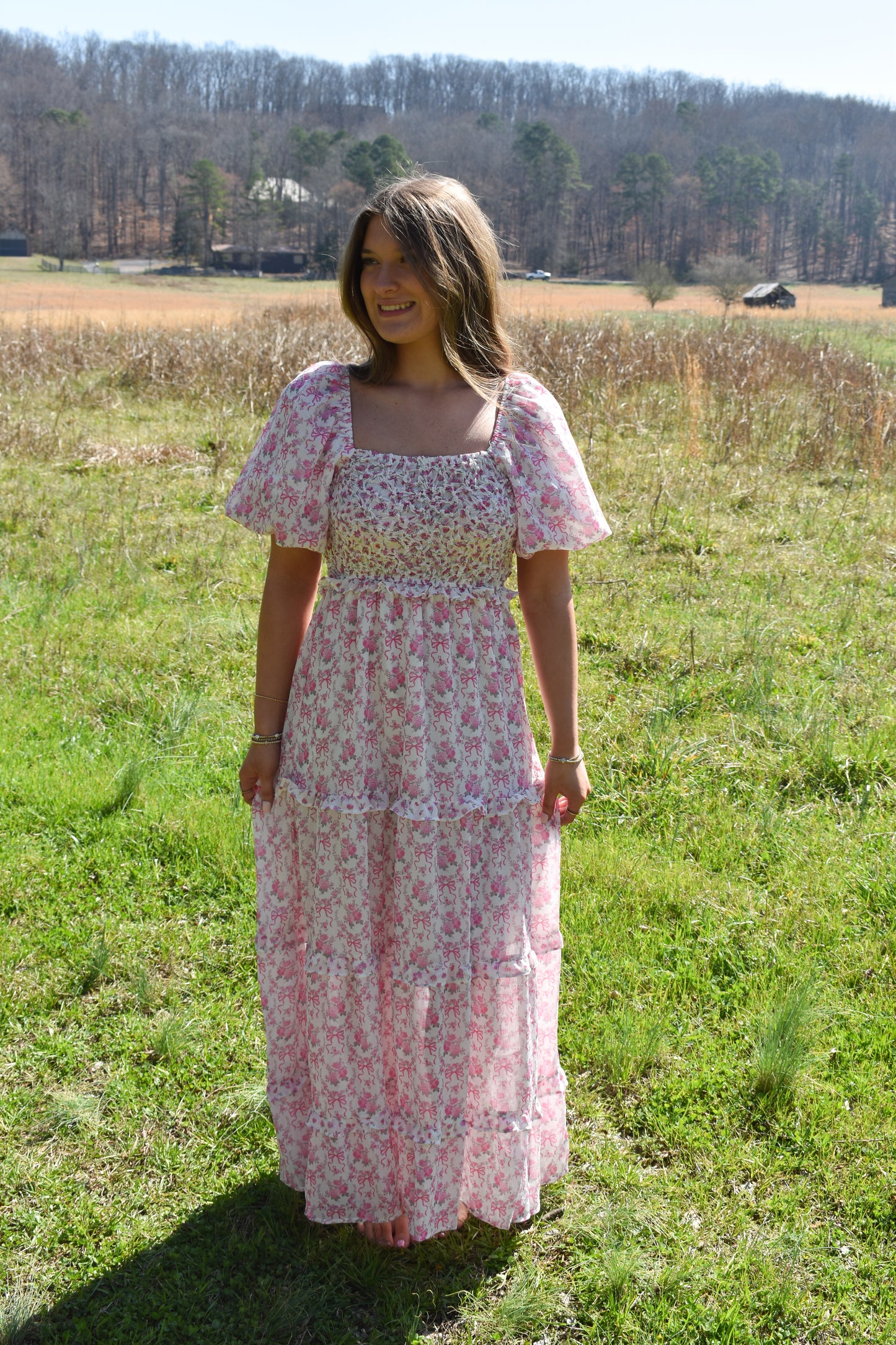 Bubble Floral Bow Maxi Dress