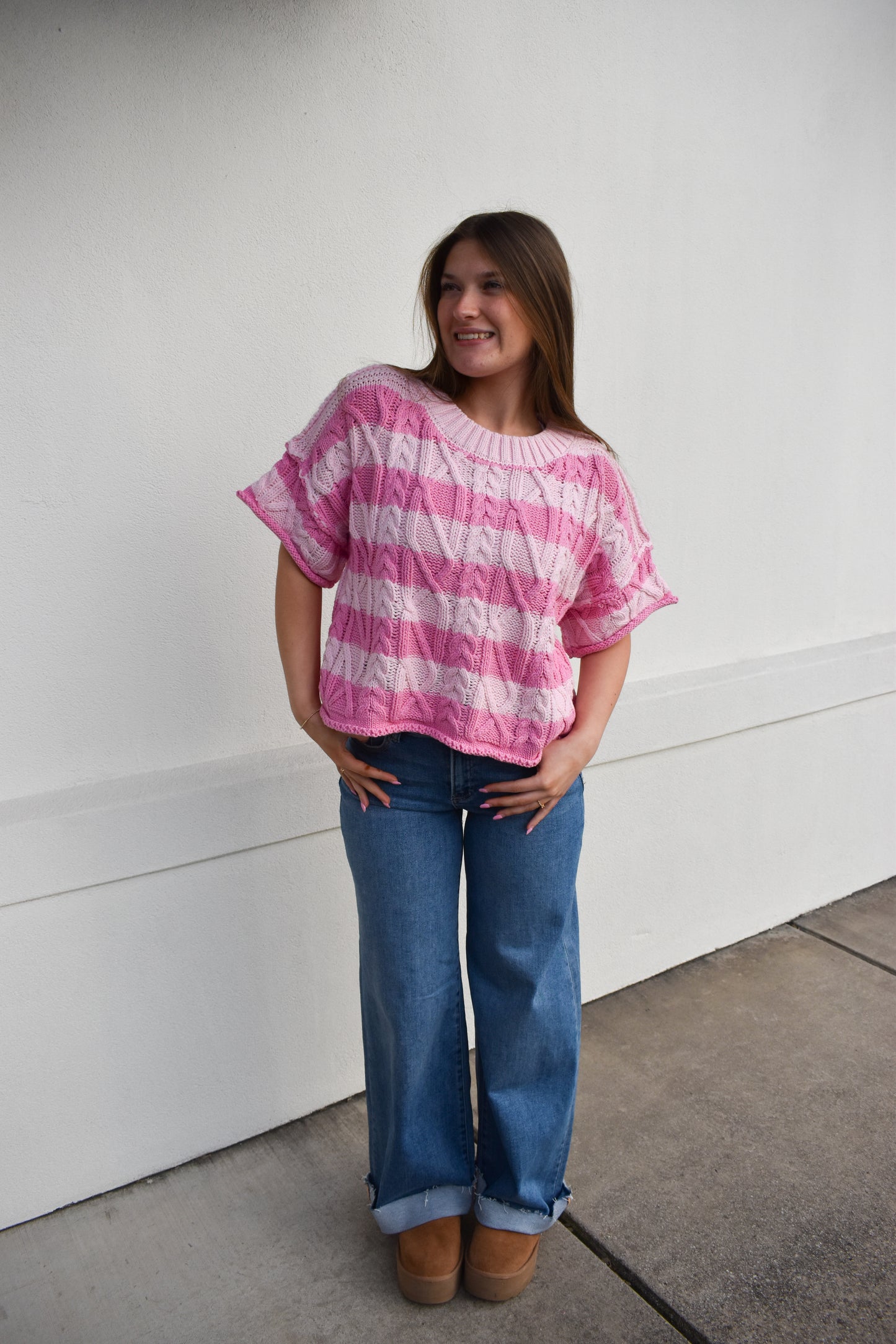 Pink Stripe Round Neck Knit Sweater Top