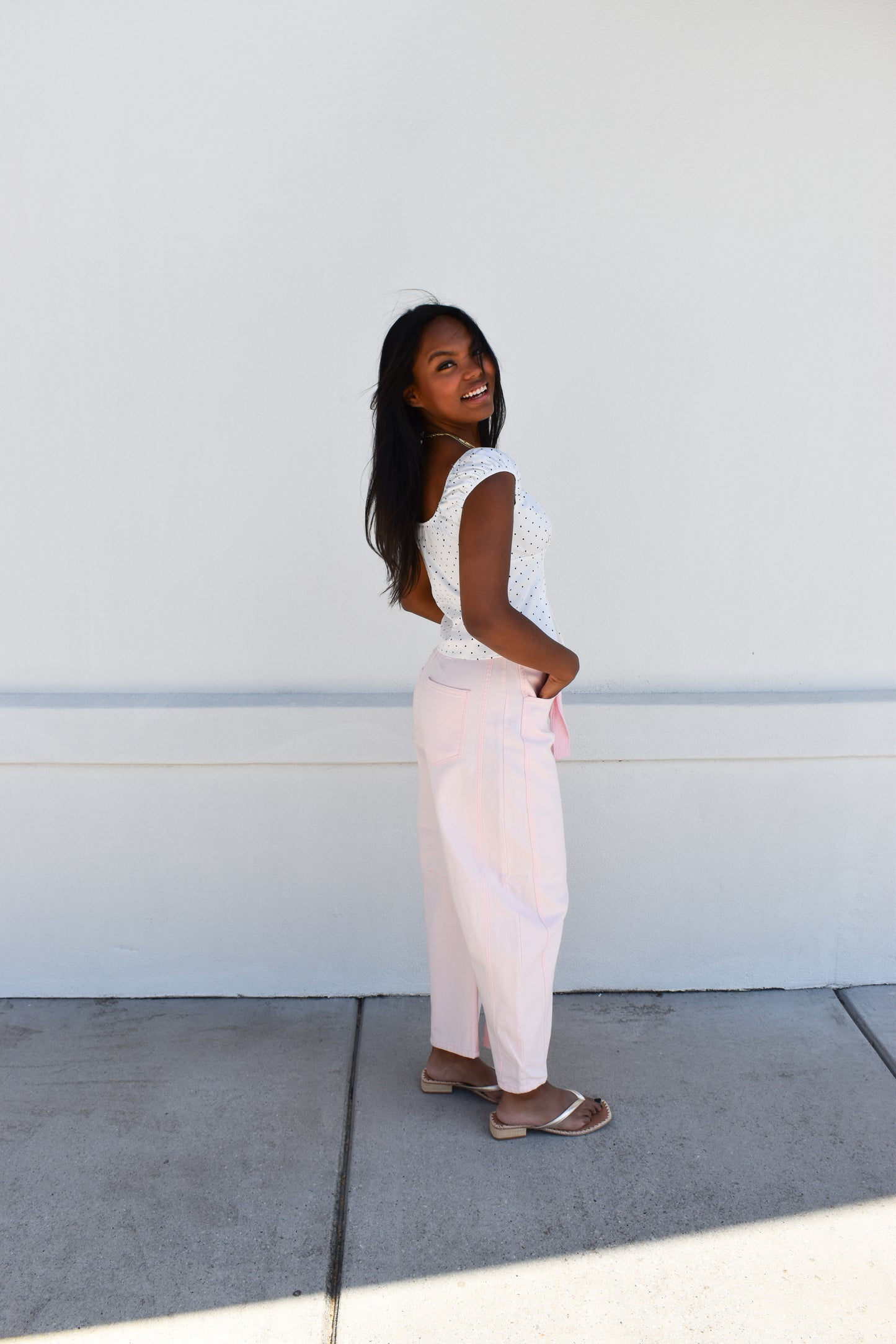 Pink Eyelet Thru Cotton Belt Barrel Jean