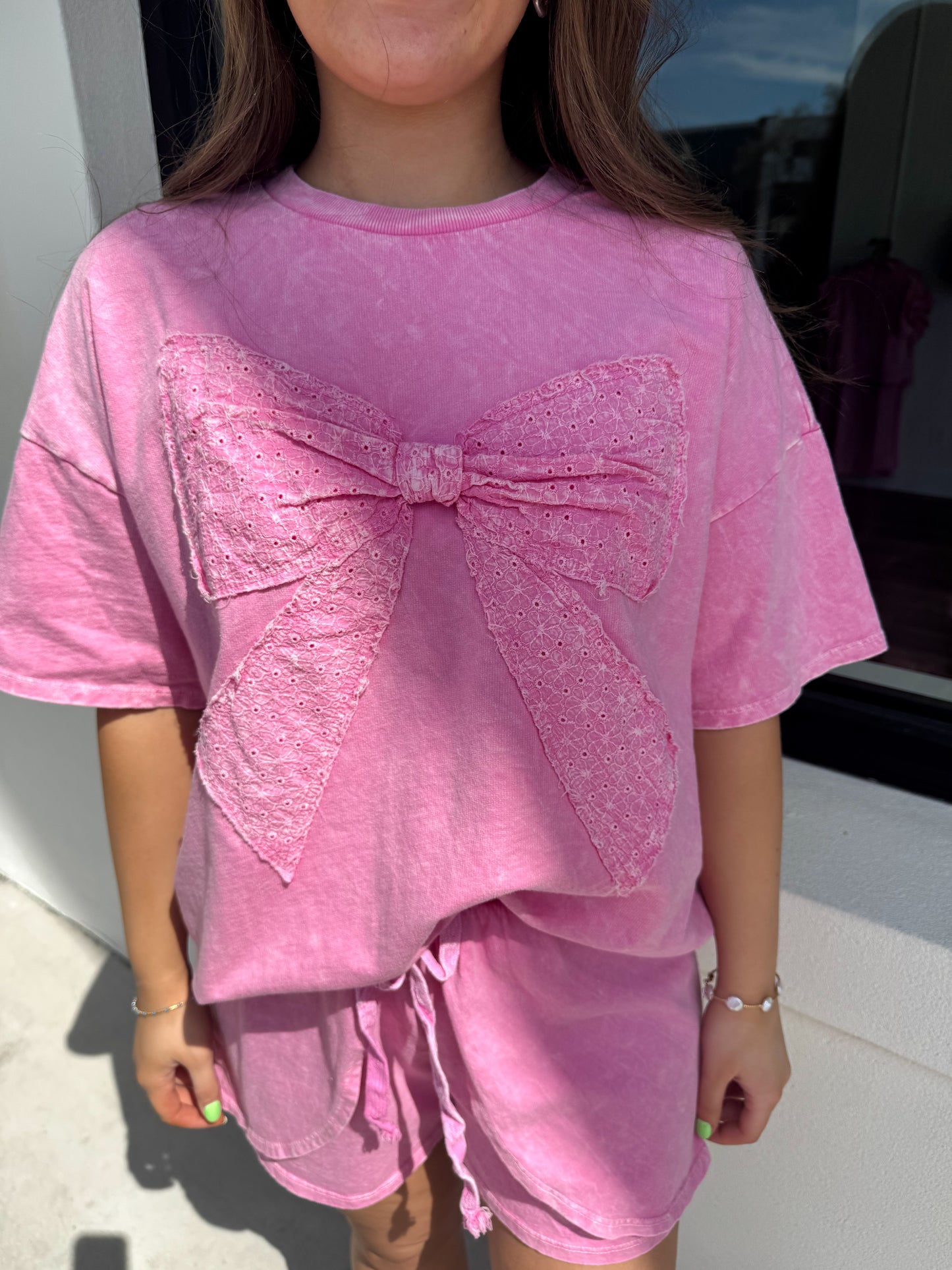 Mineral Wash Ribbon Bow Half Sleeve Shirt