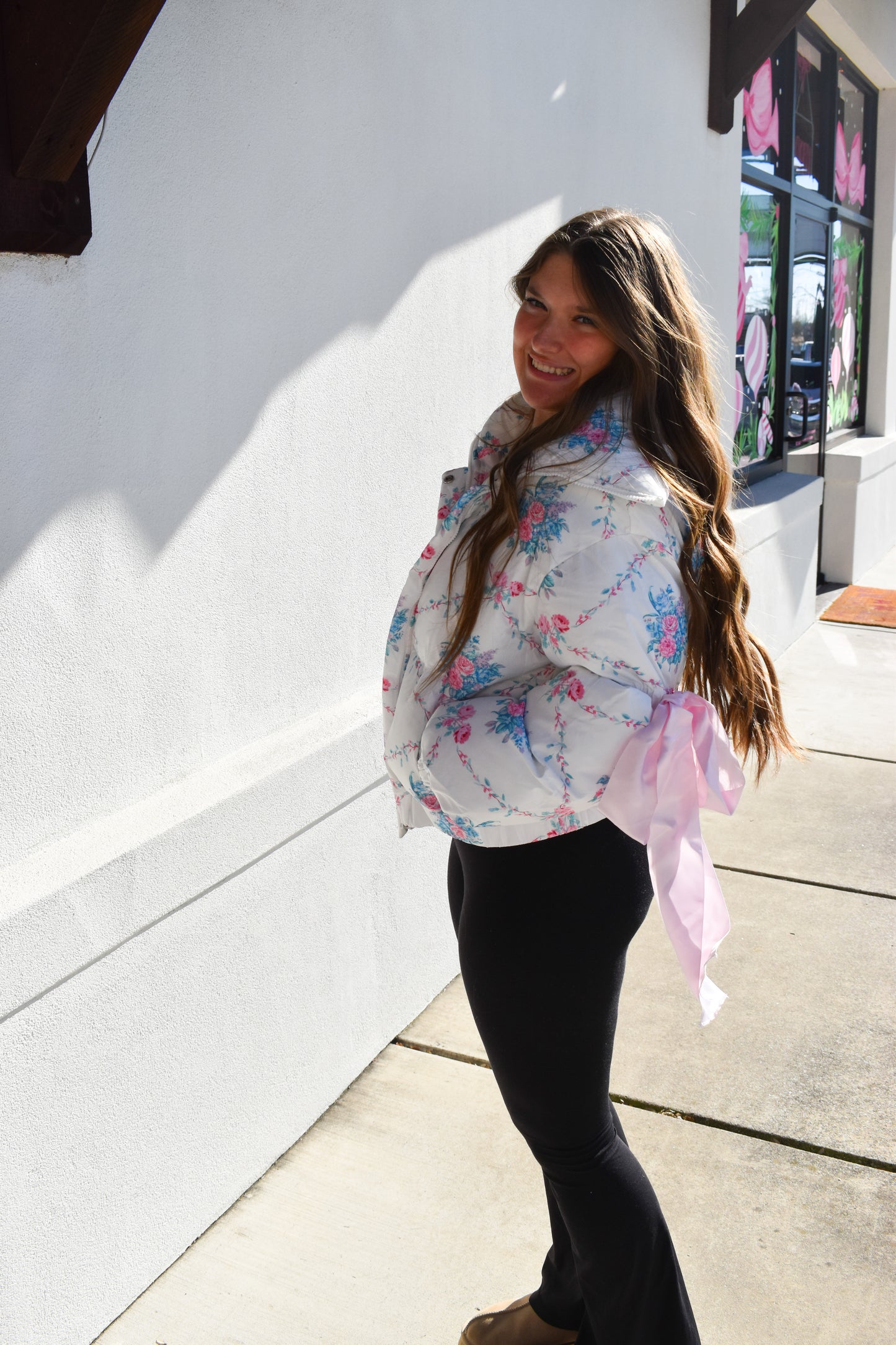 Floral Print Bow Knot Puffer Jacket