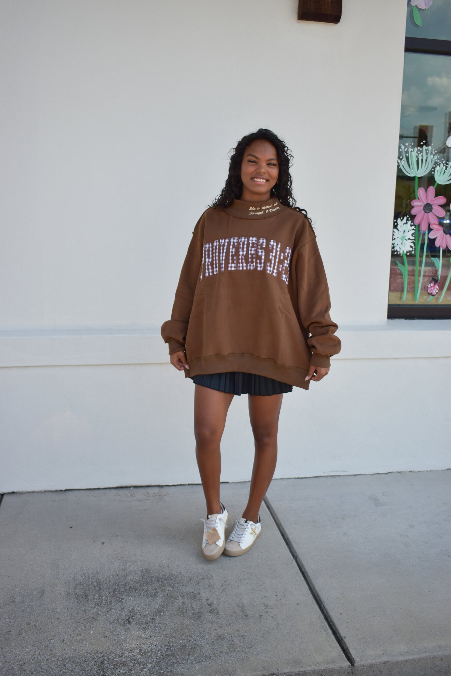 'PROVERBS 31:25' Script Collar Mockneck: Brown