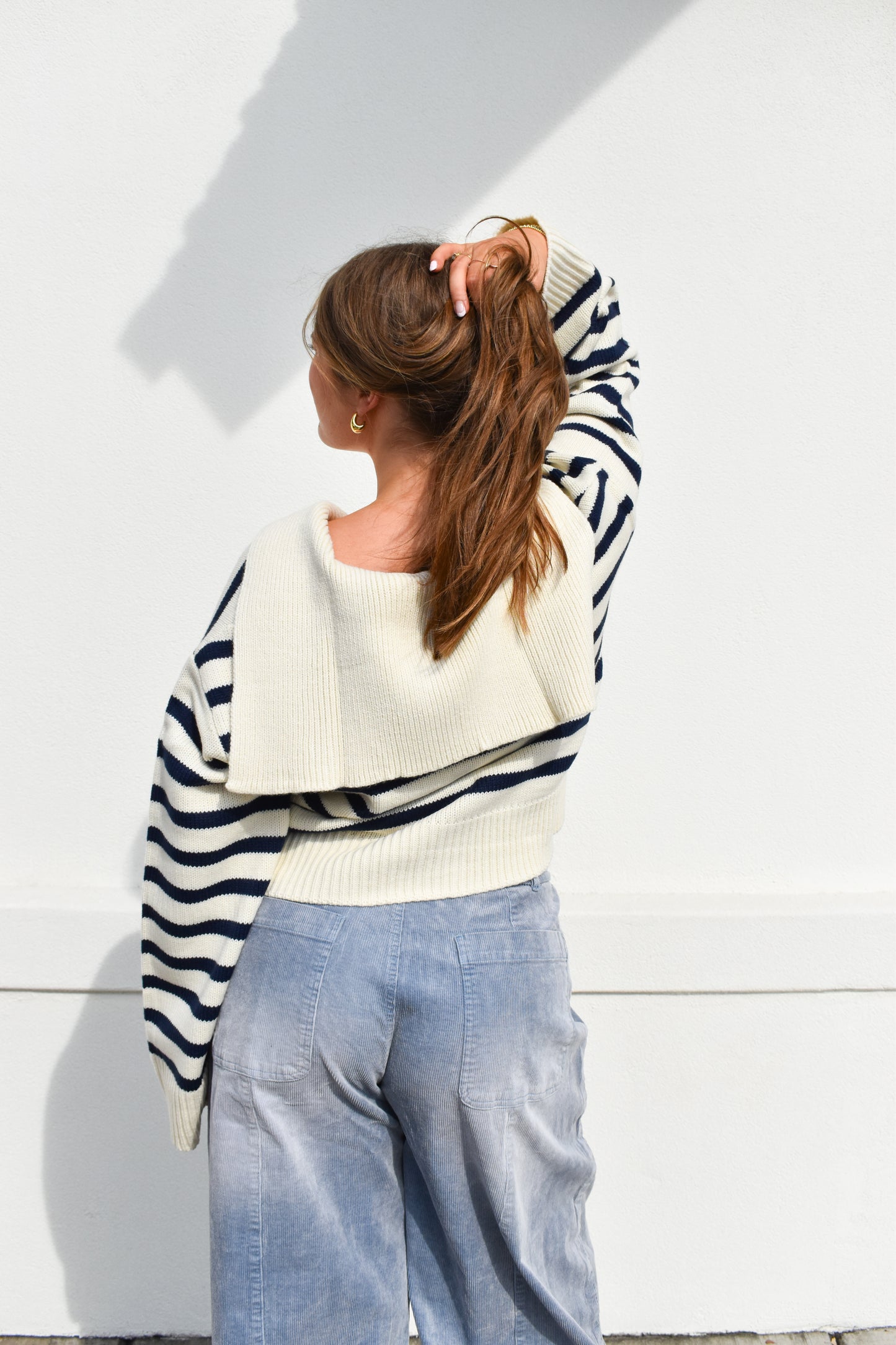 Cream/Navy Striped Collared Knit Sweater