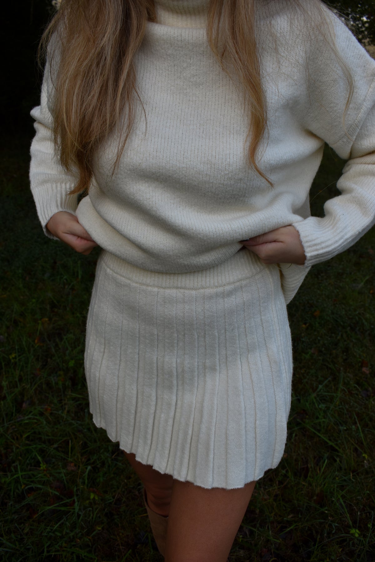 Turtleneck Pullover Sweater & Pleated Skirt Set