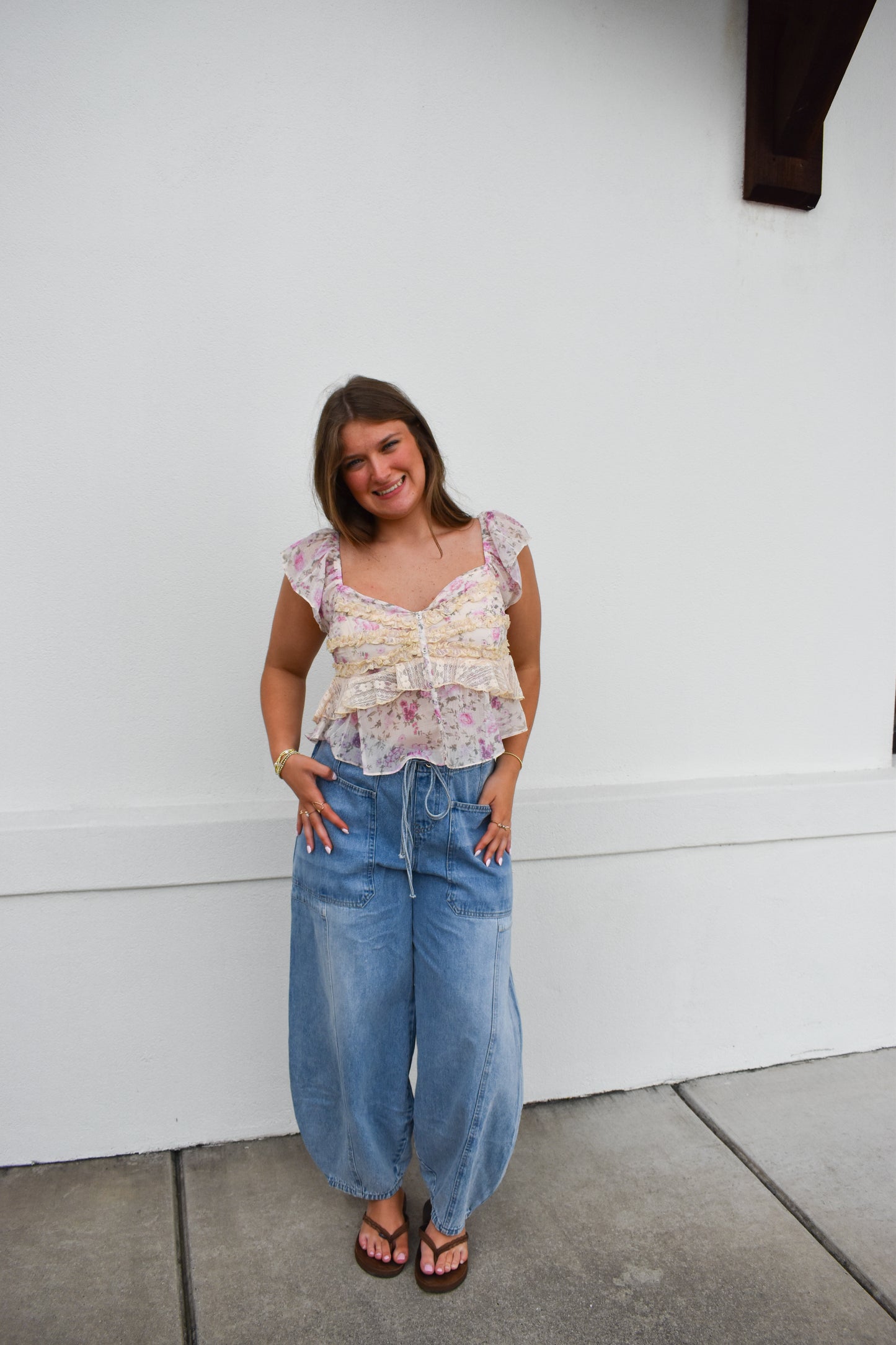 Floral Print Ruffle Lace Sweetheart Top