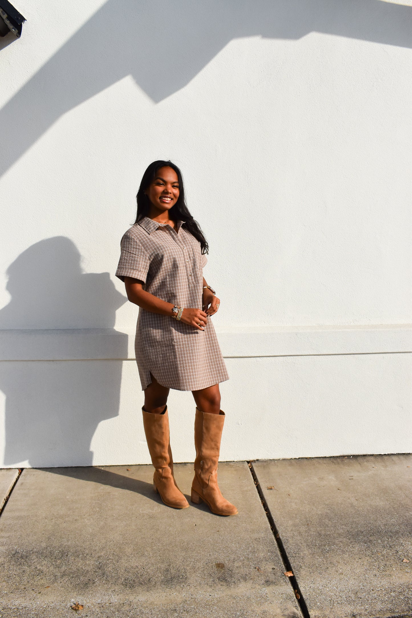 Checkered Shirt Dress W/ Pocket