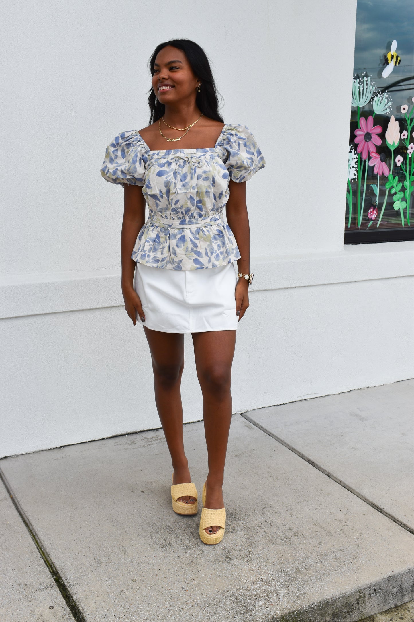 Soft Garden Leaf Print Bubble Sleeved Peplum Blouse