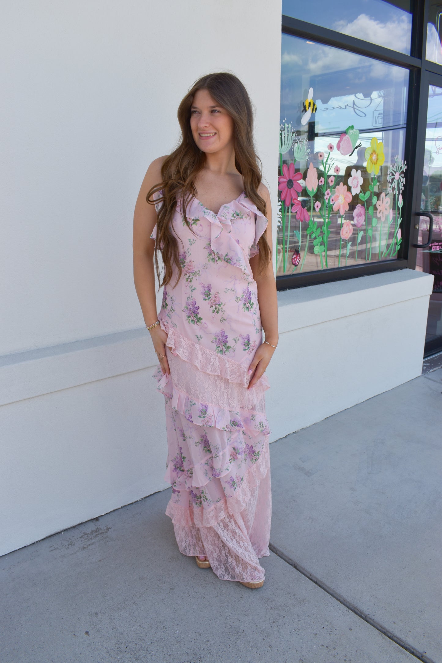 Floral Lace Ruffle Maxi Dress