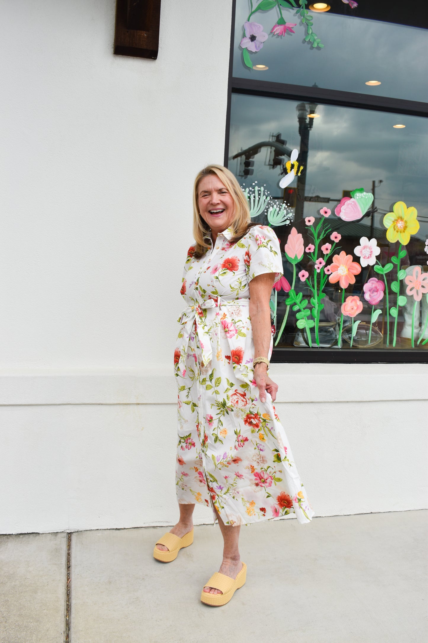 Floral Short Sleeve Belted Midi Dress