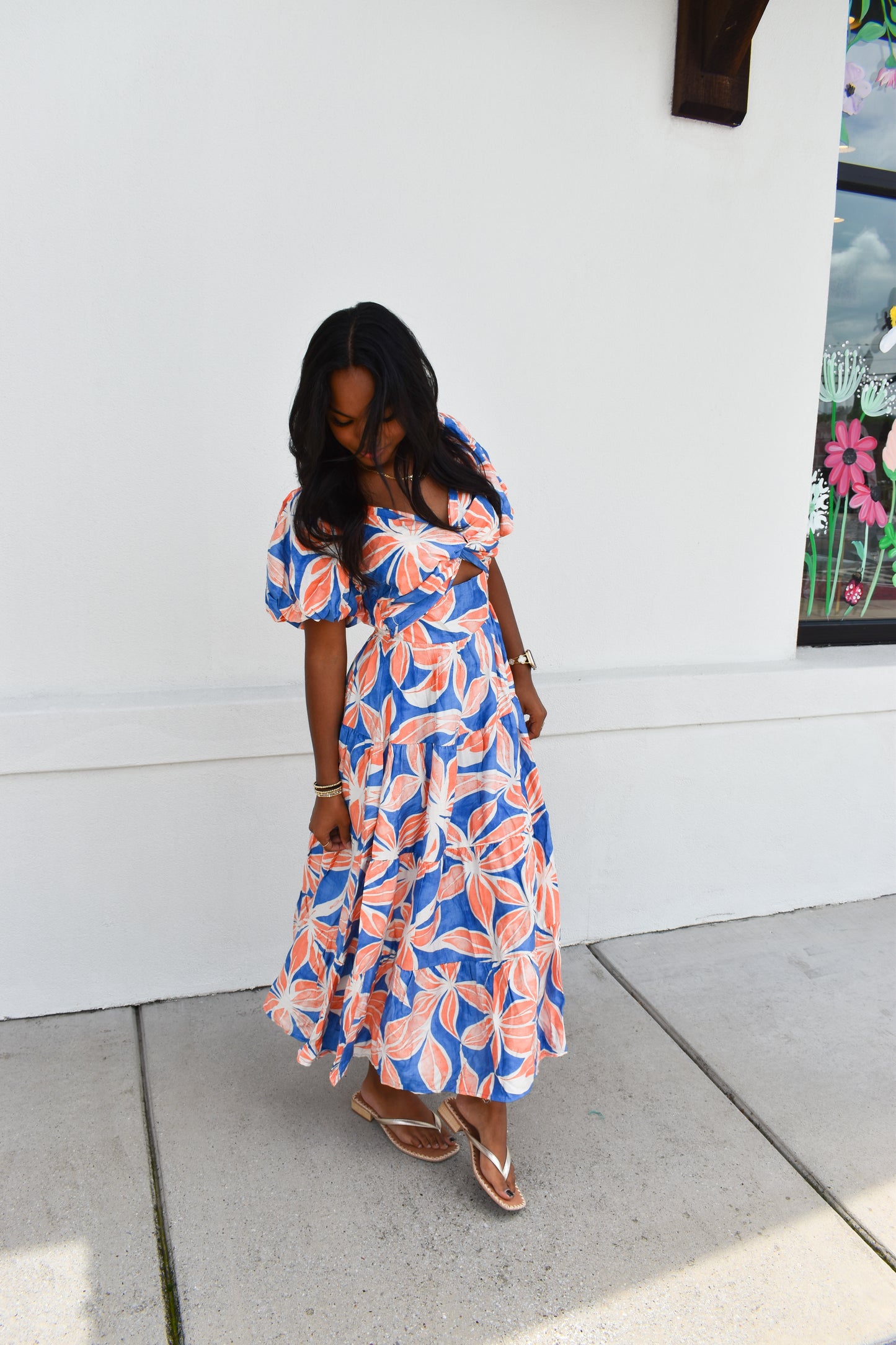 Blue/Orange Floral Maxi Dress
