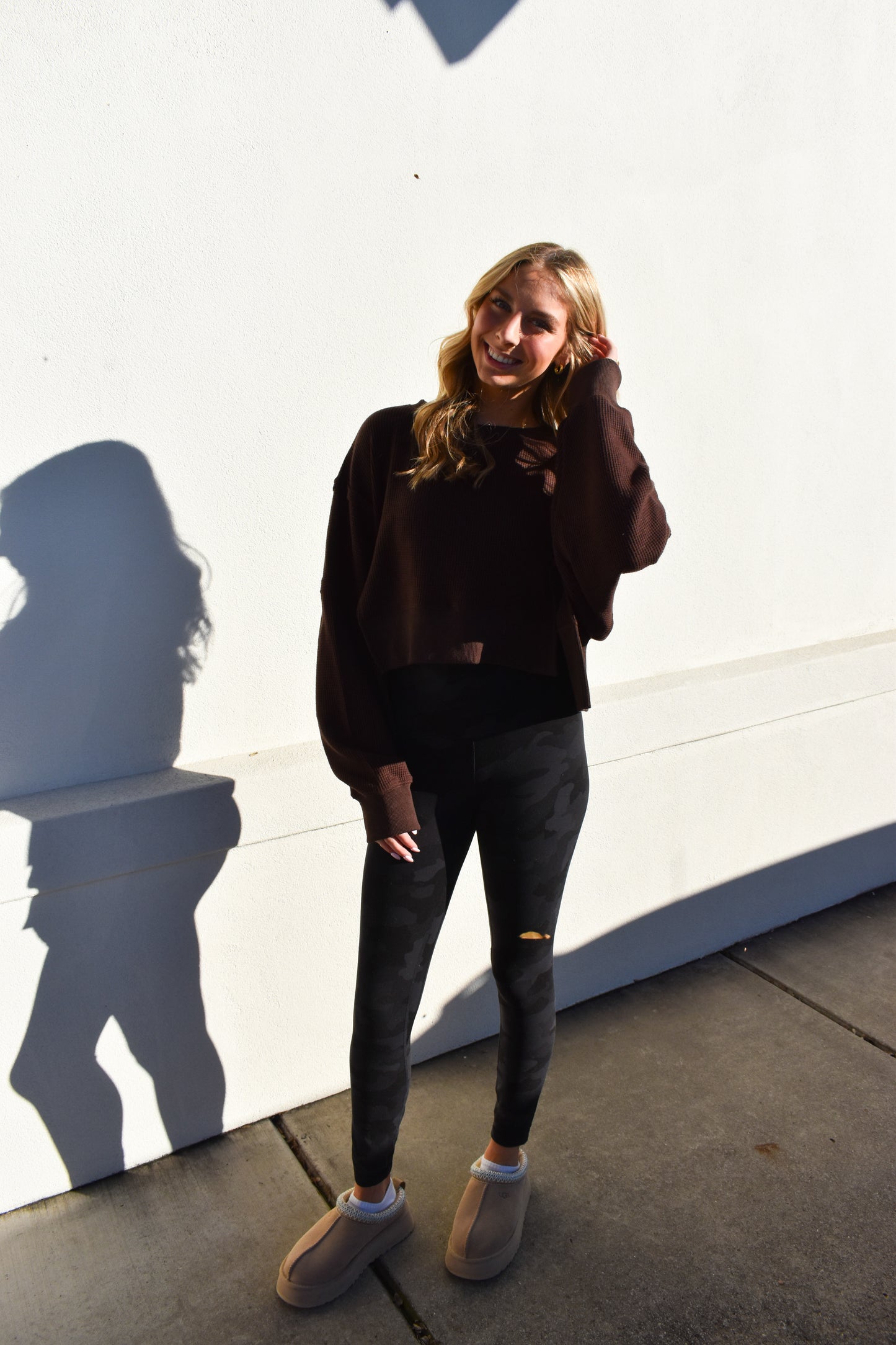 Waffle Knit Oversized Long Sleeve Top: Brown