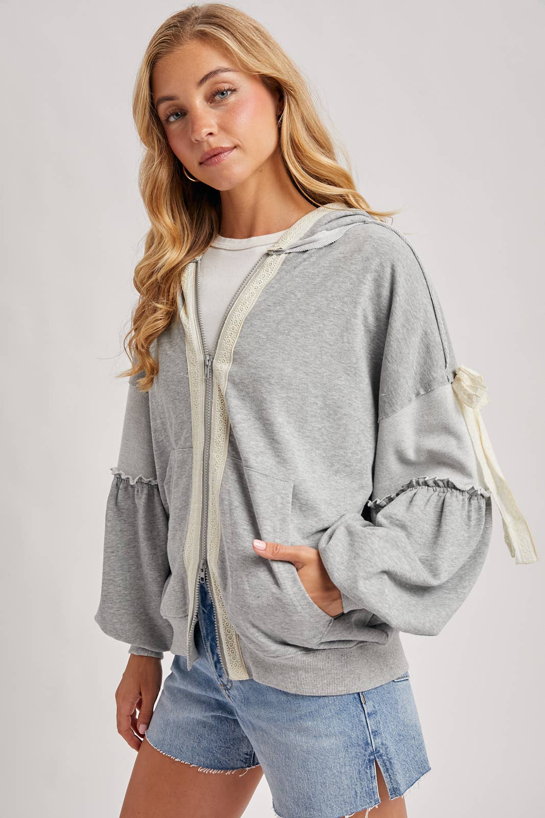 Bow Lace Hoodie W/ Double Zipper