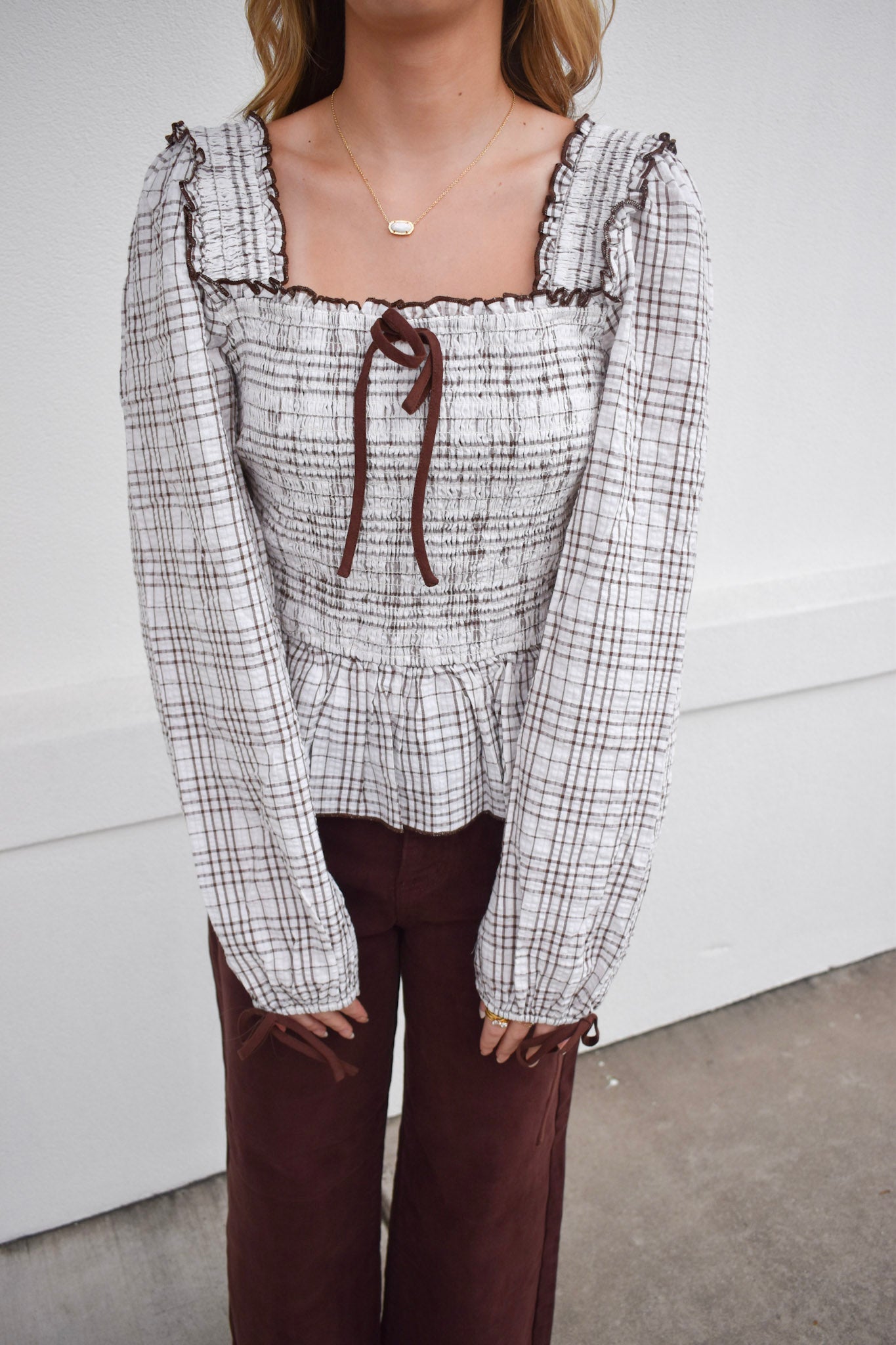 Plaid Smocked Babydoll Blouse