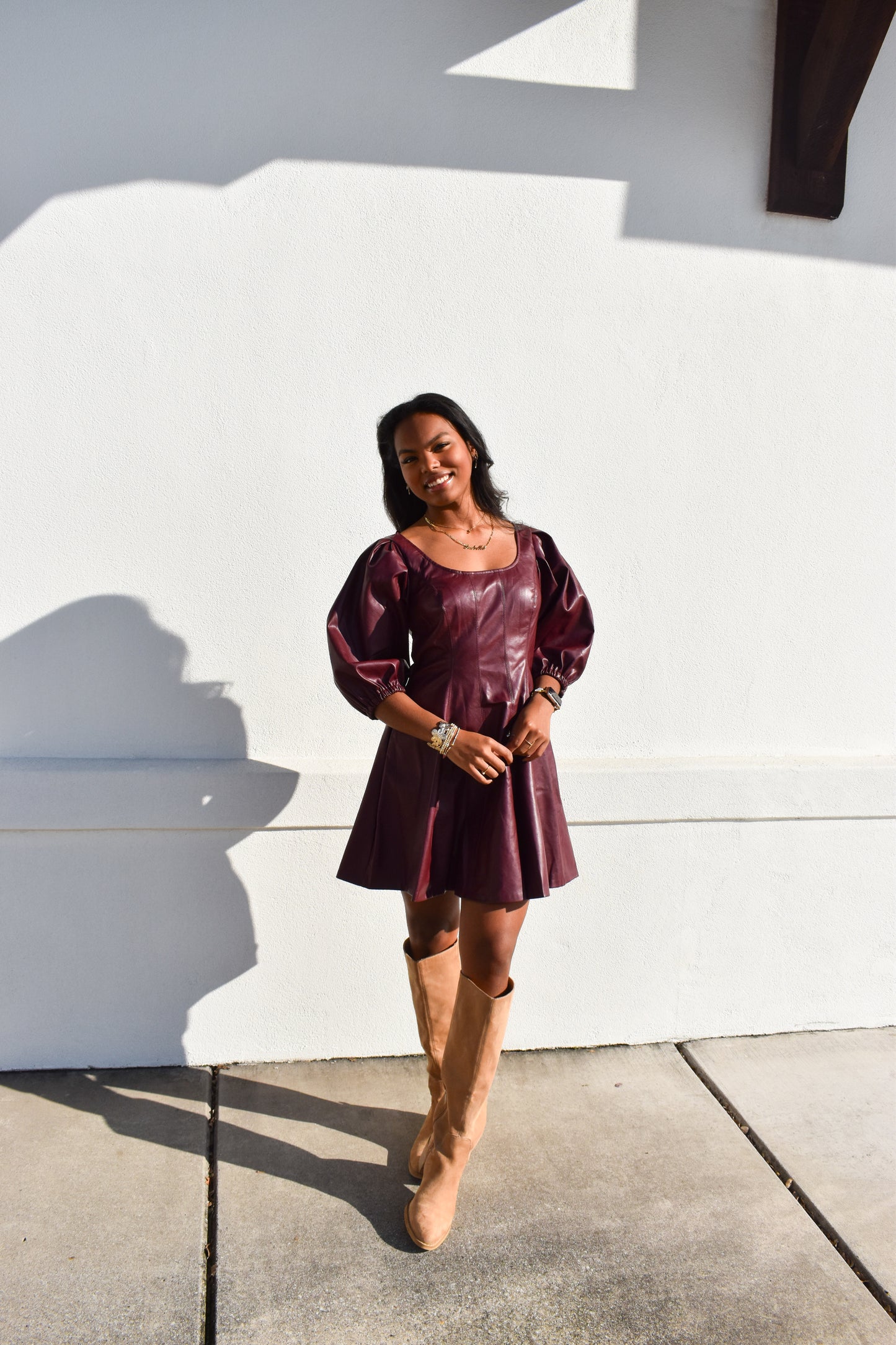 Red Leather Puff Sleeve Dress