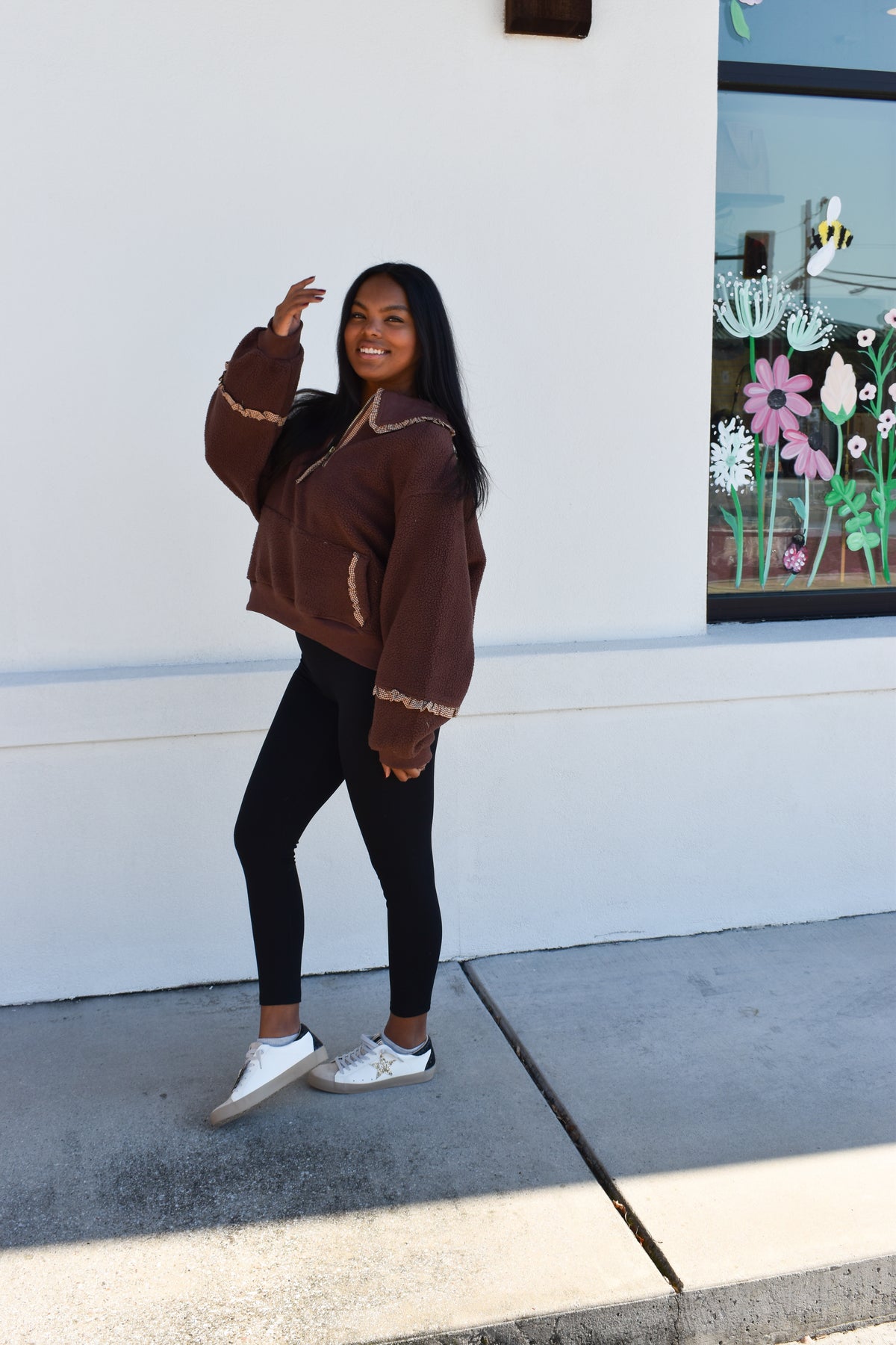 Gingham Fleece Collared Pullover: Brown