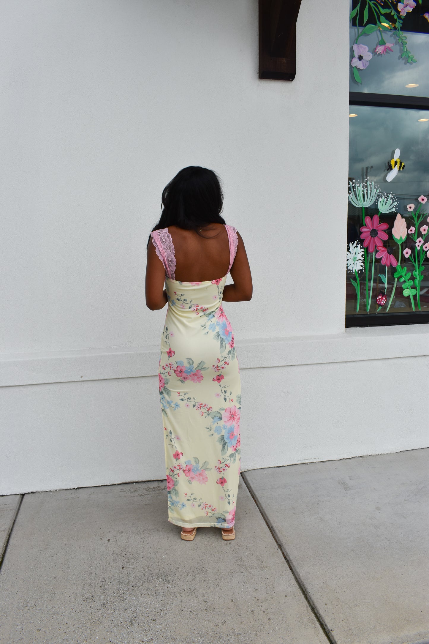 Mesh Floral Print Lace Detail Side Slit Maxi Dress