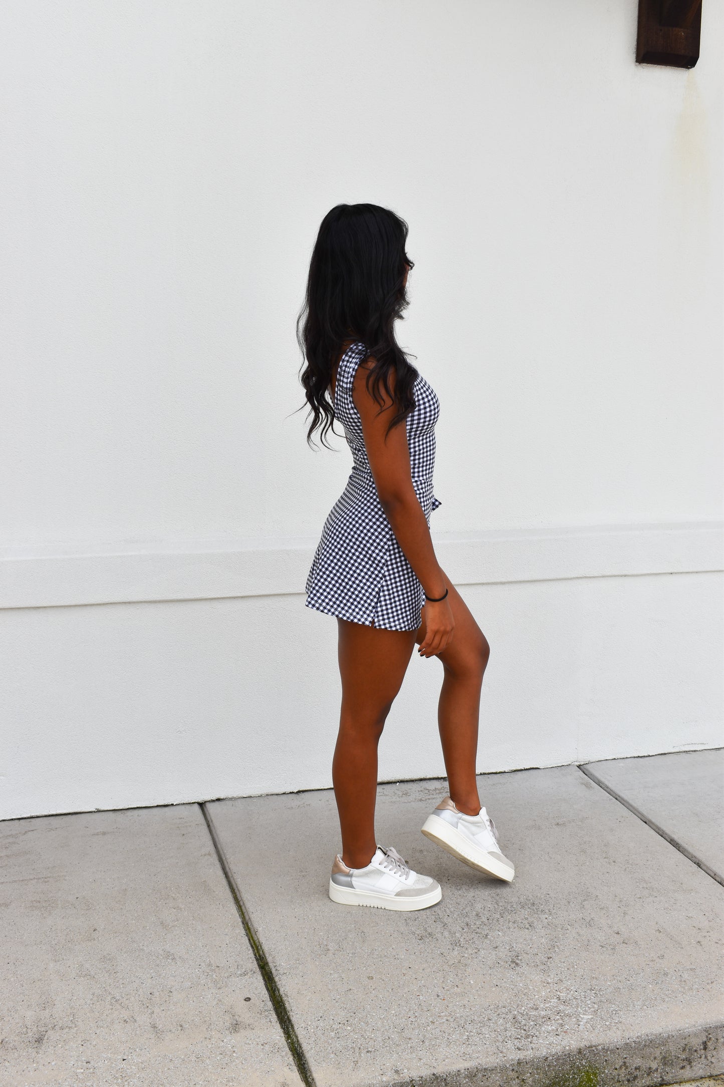 Gingham Athletic Wrap Tie Dress: Black
