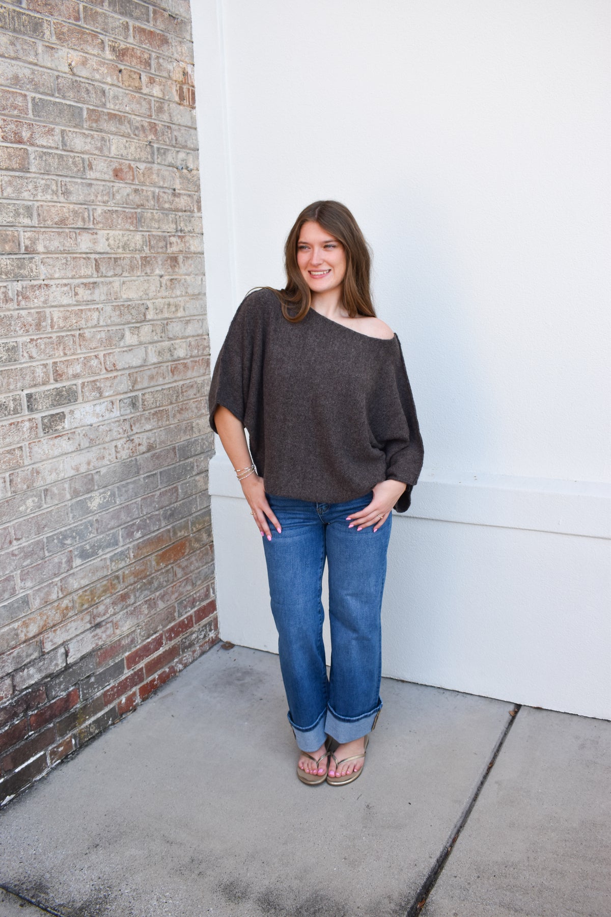 Gloria One Shoulder Knit Top: Brown