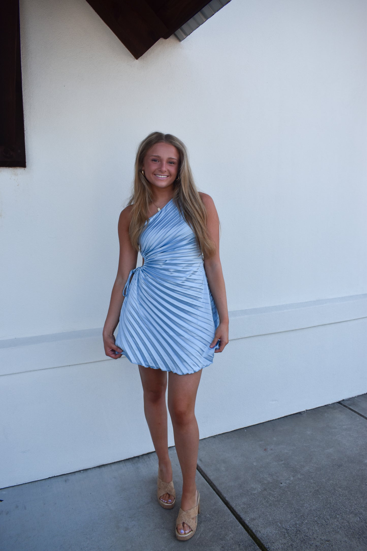 Shoulder Baby Blue Mini Dress