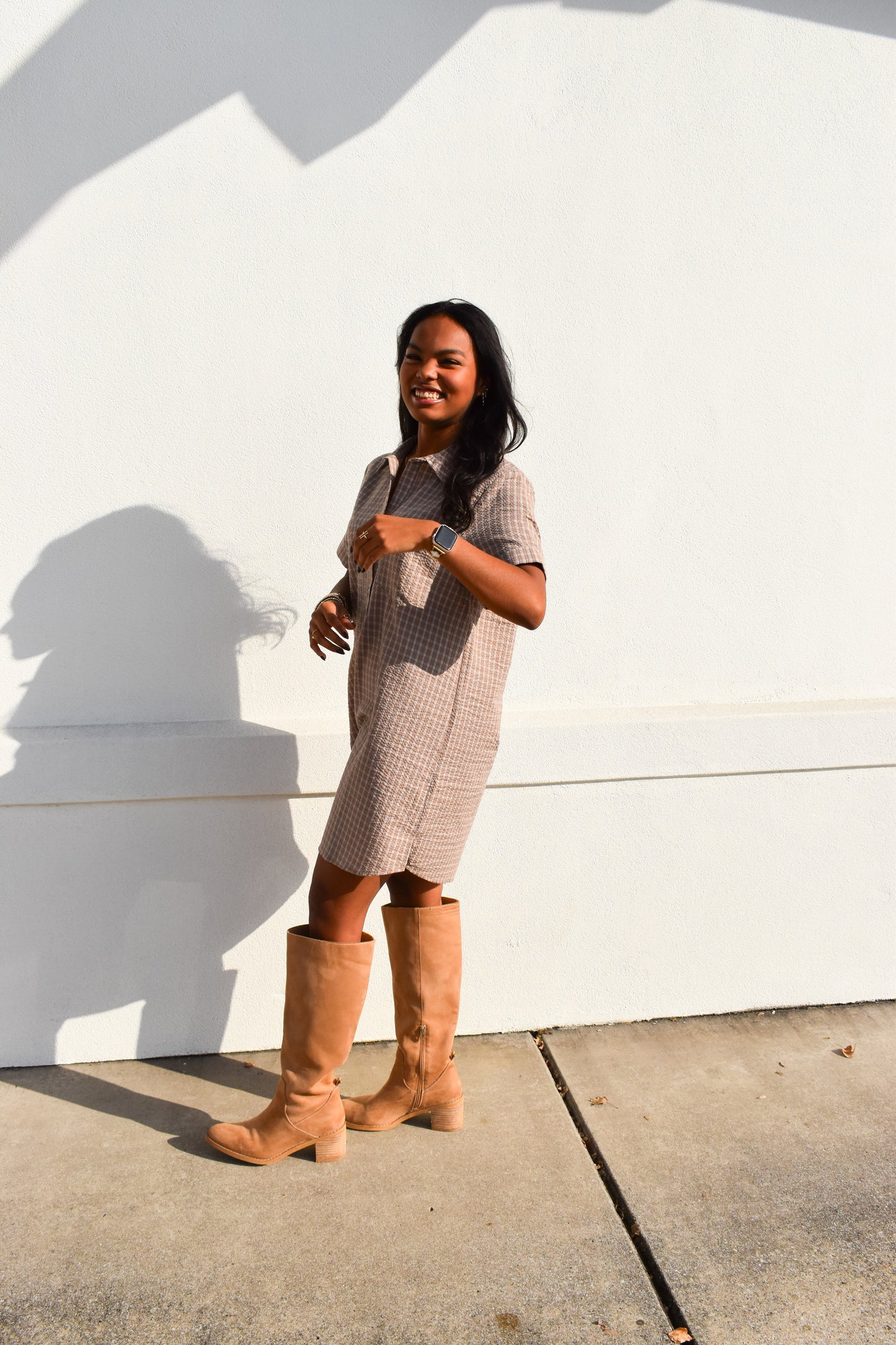 Checkered Shirt Dress W/ Pocket