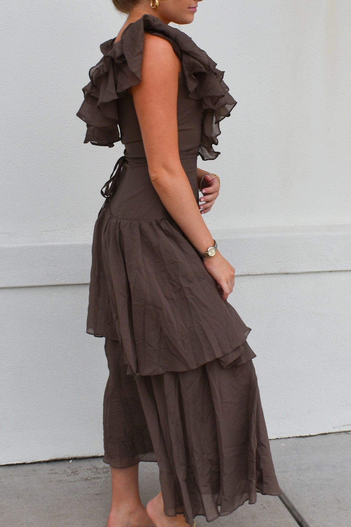 V-Neck Ruffle Cascade Tiered Dress