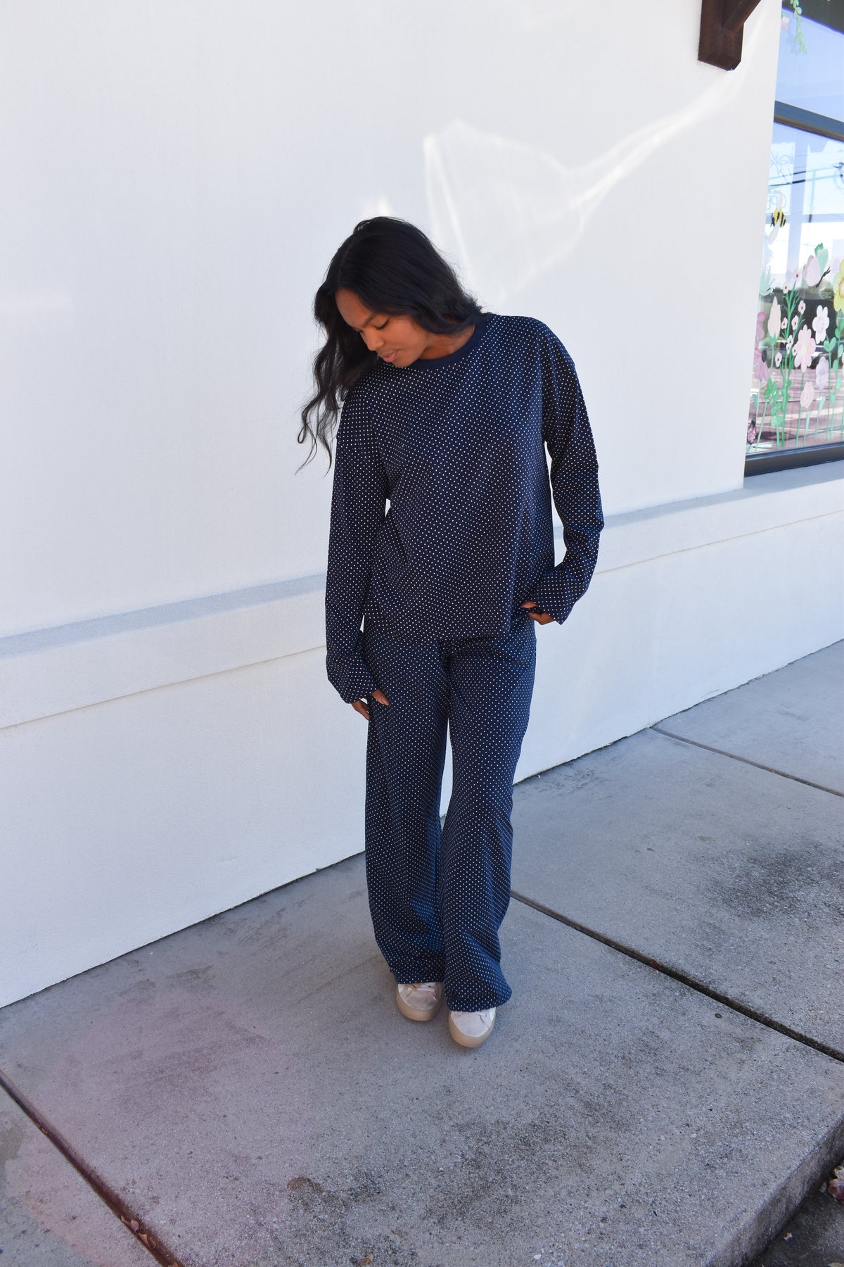 Navy Blue Polka Dot Loungewear Long Sleeve Top