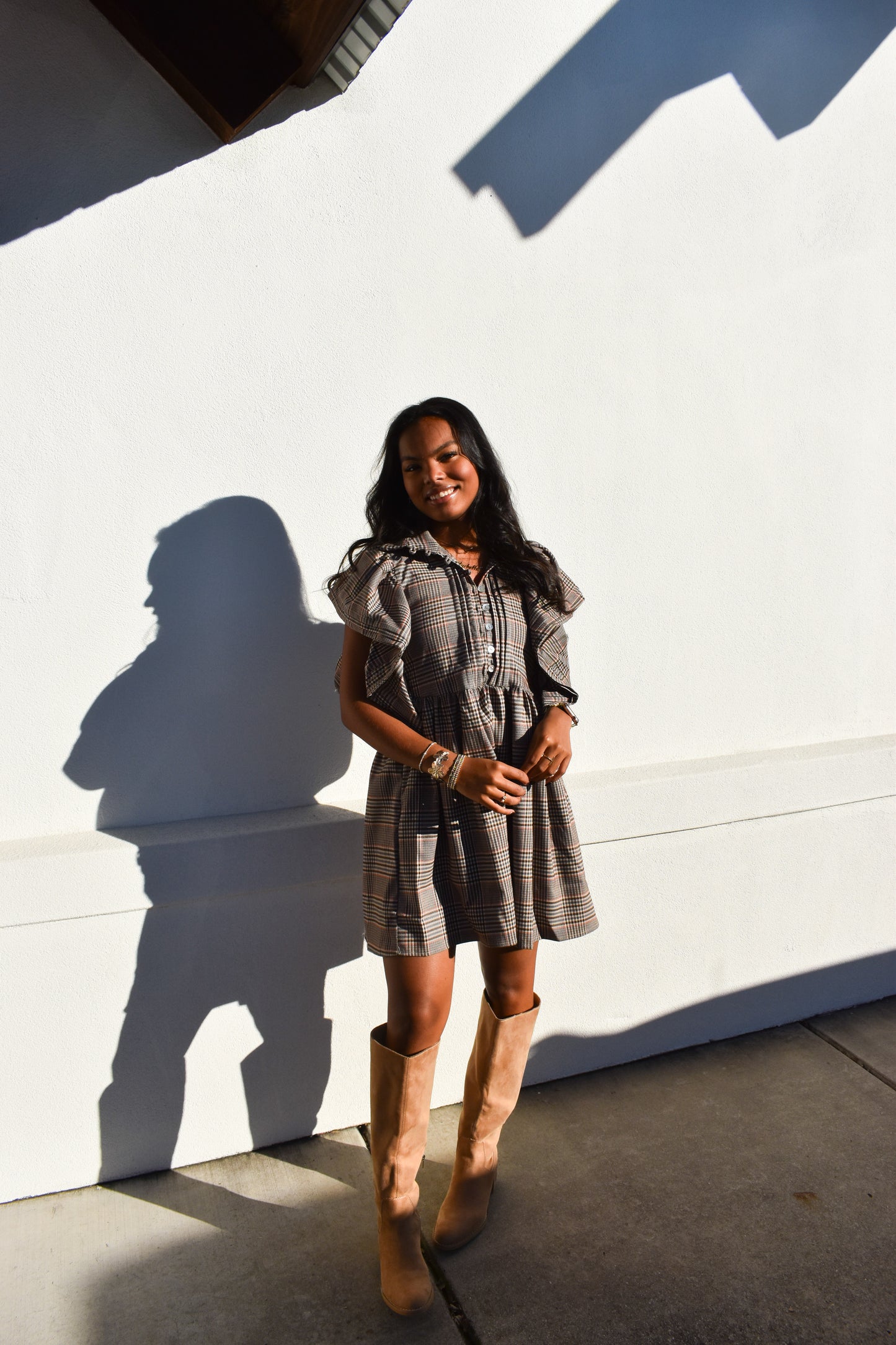 Ruffle Sleeves Pintuck Plaid Mini Dress