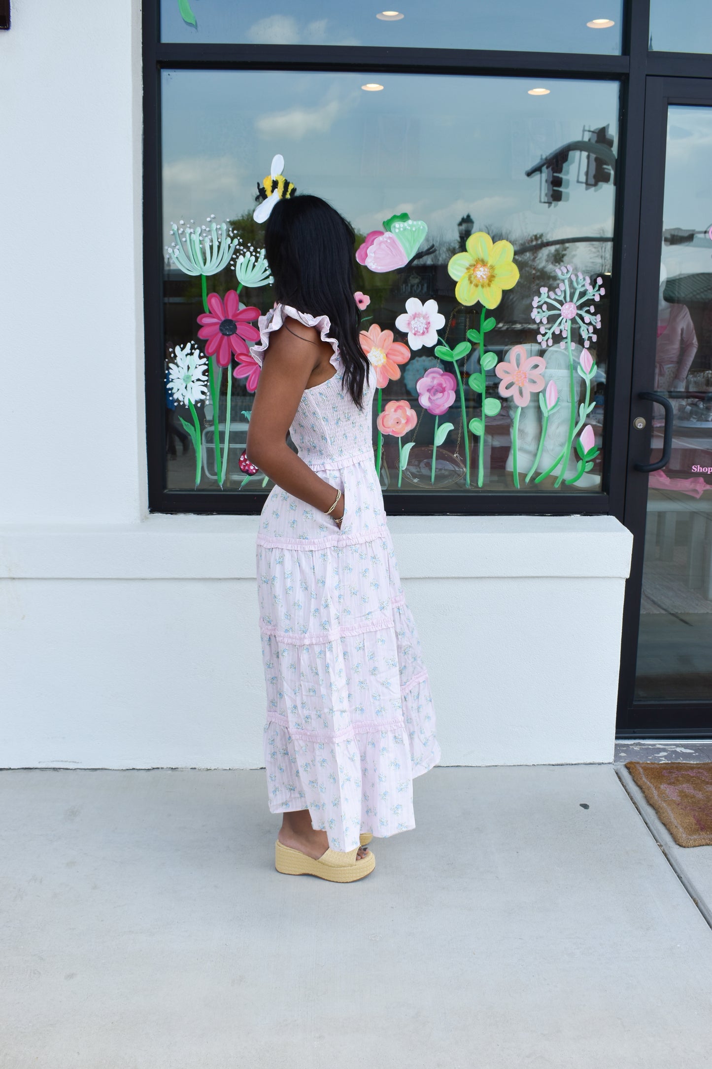 Ditsy Flower Smocked Dress: Pink/Blue