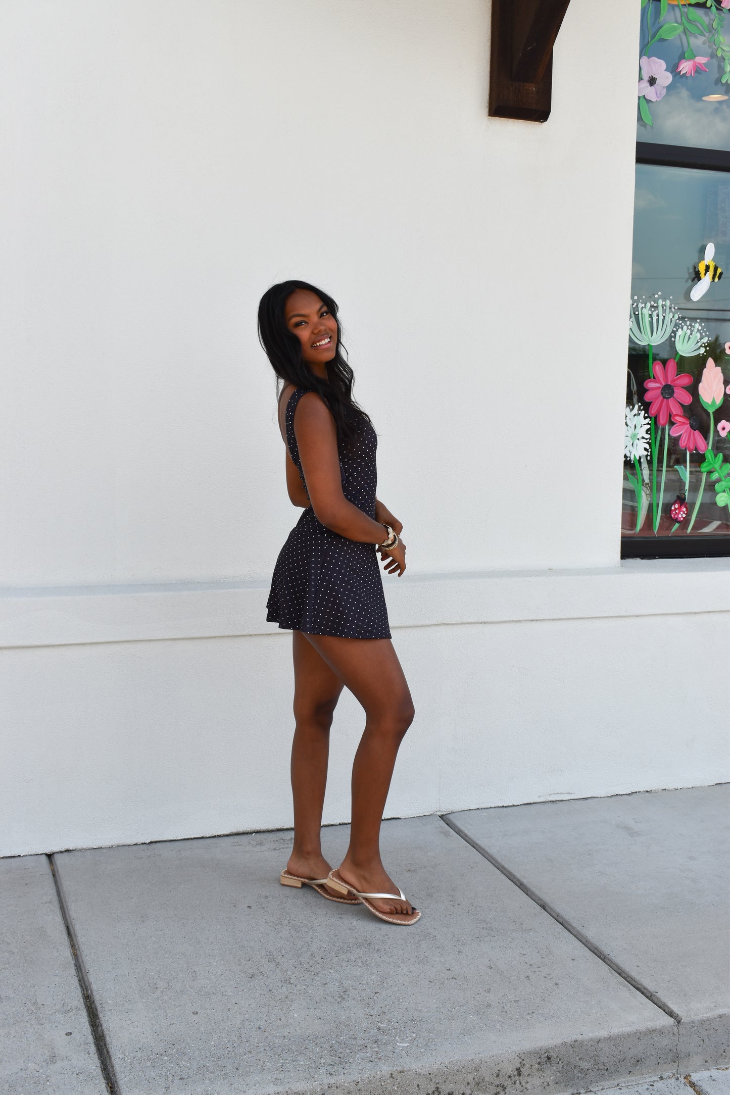 Polka Dot Print A-Line Mini Dress with Drop Waist