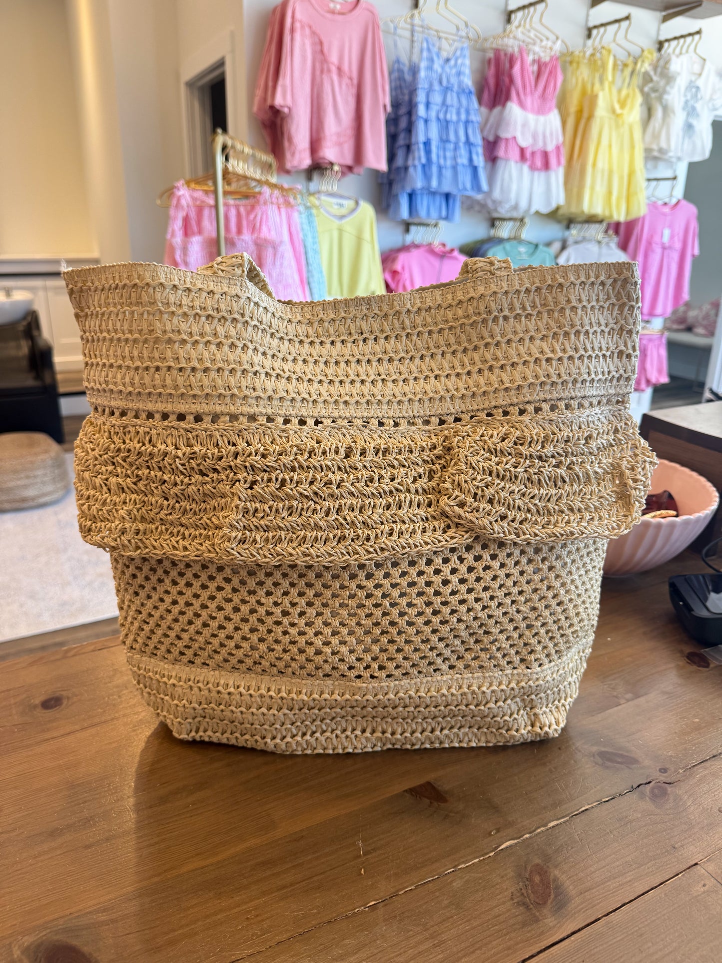 Woven Ruffle Straw Tote Bag