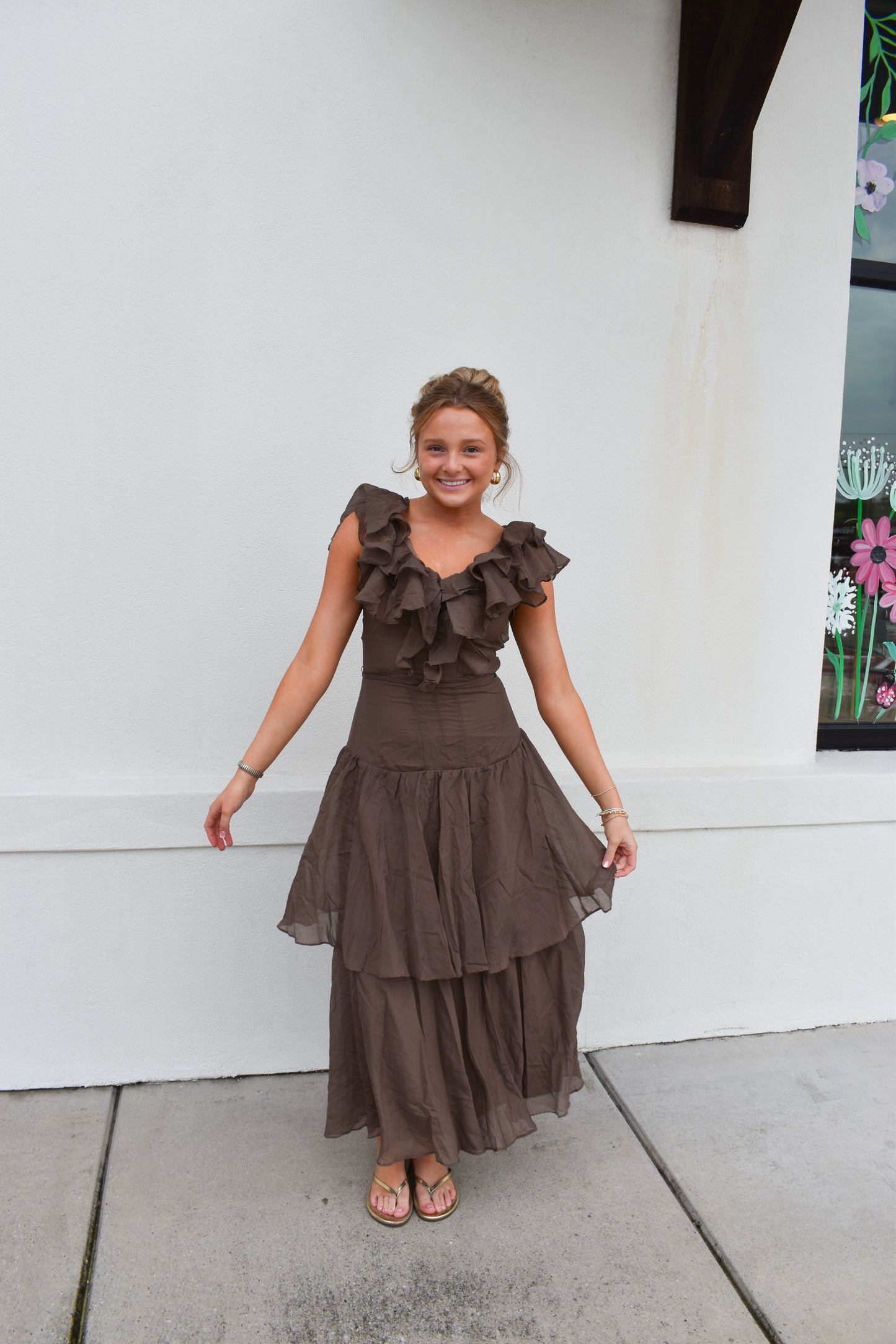 V-Neck Ruffle Cascade Tiered Dress
