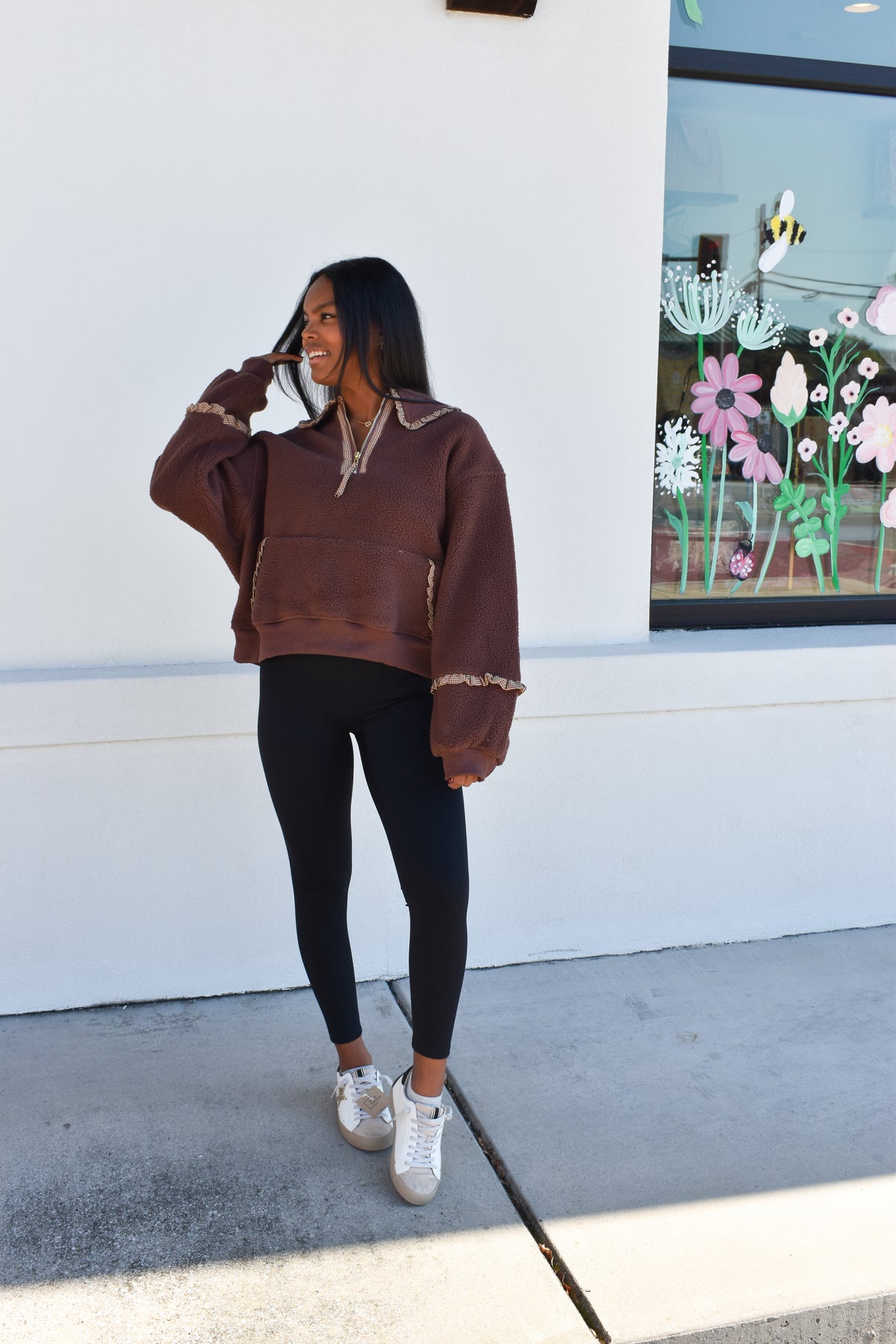 Gingham Fleece Collared Pullover: Brown