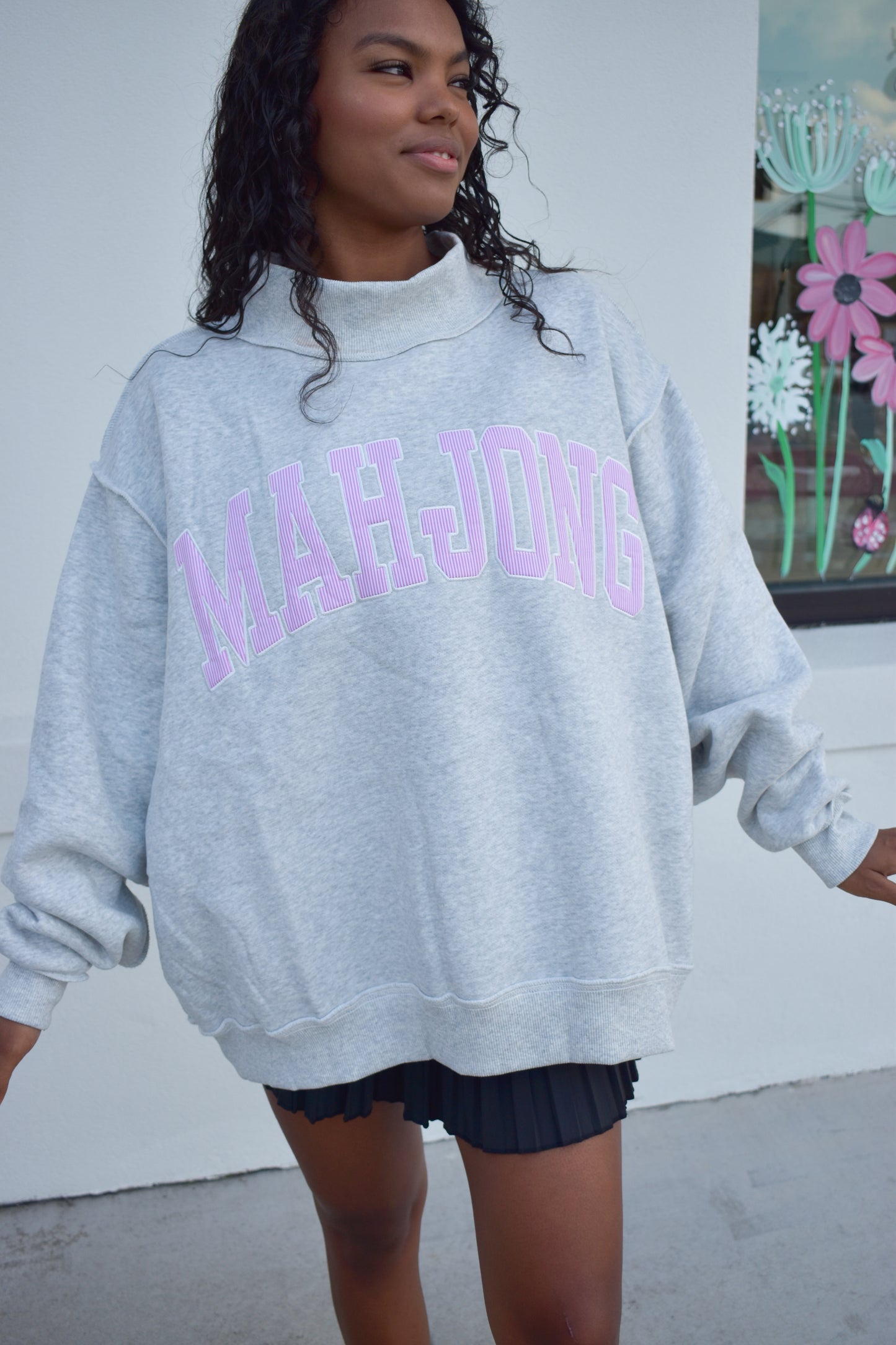 "MAHJONG" Embroidered Stripe Mockneck