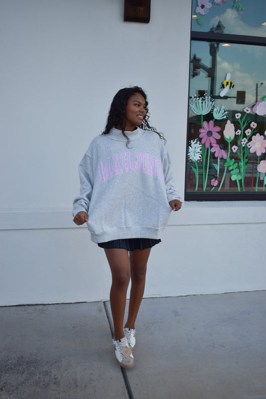 "MAHJONG" Embroidered Stripe Mockneck