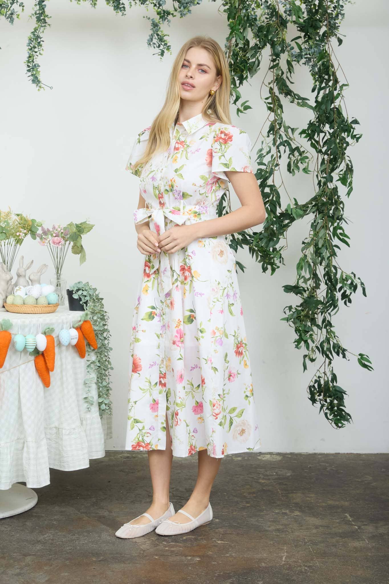Floral Short Sleeve Belted Midi Dress