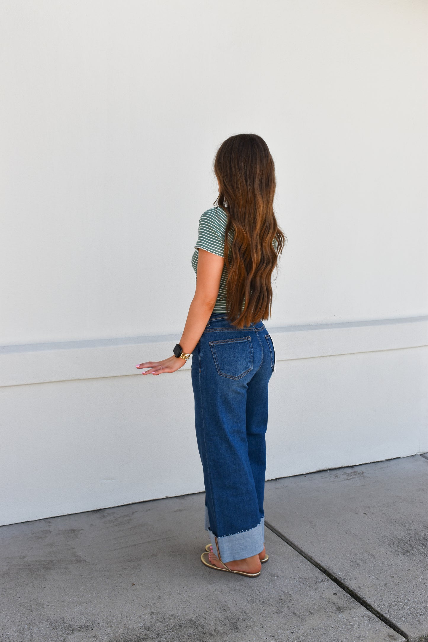 Risen High-Rise Wide-Cuffed Jeans: Dark Wash