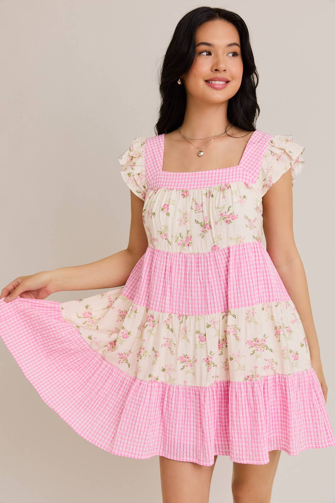 Mini Dress W/ Mixed Floral Print and Pink Gingham