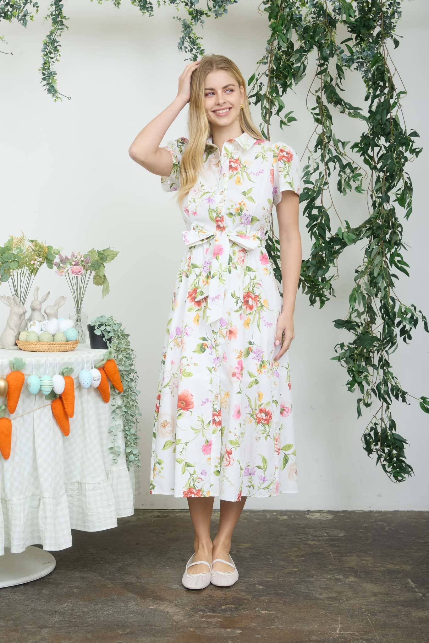 Floral Short Sleeve Belted Midi Dress