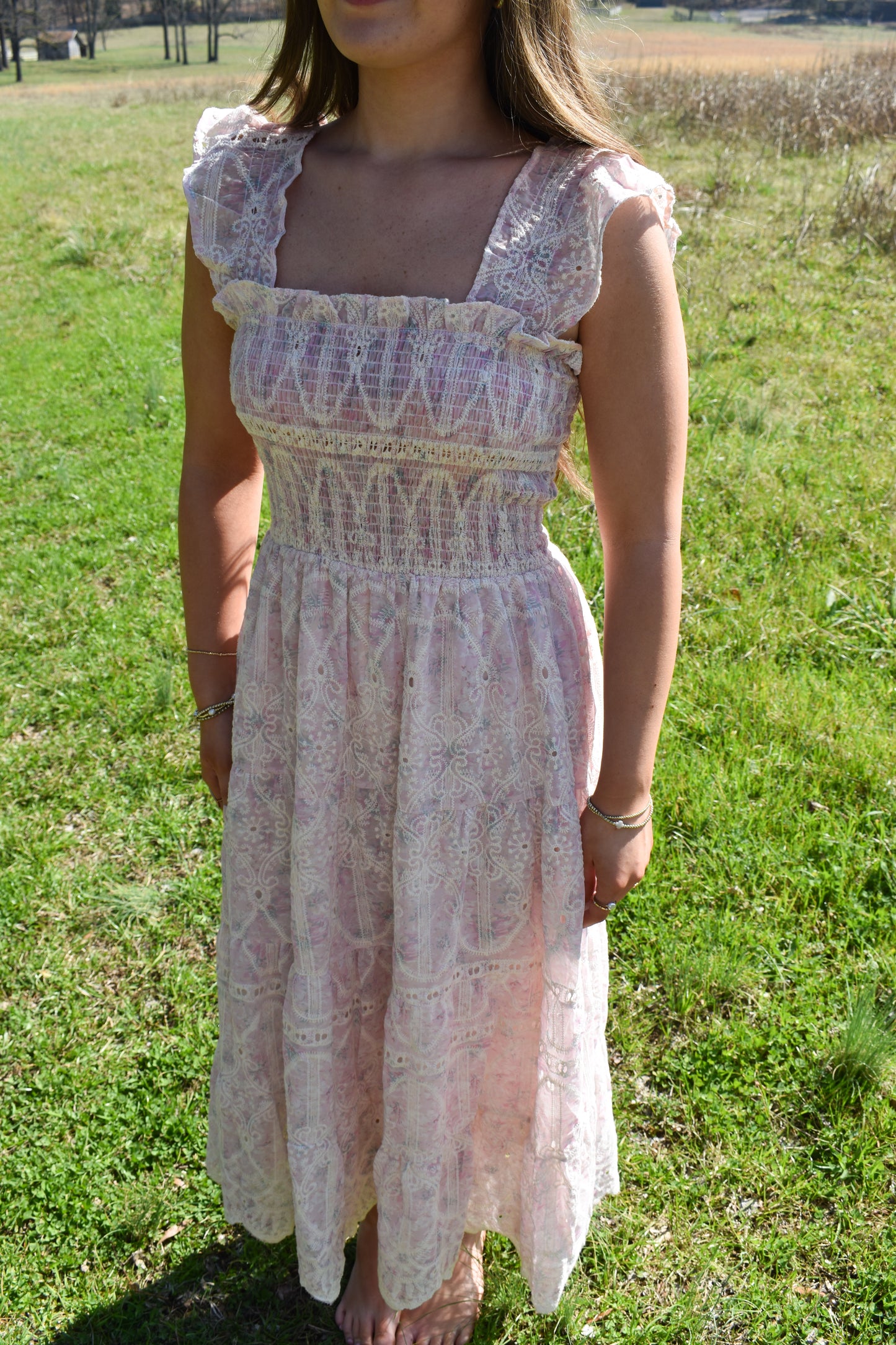 Whimsical Lace Flutter Sleeve Midi Dress