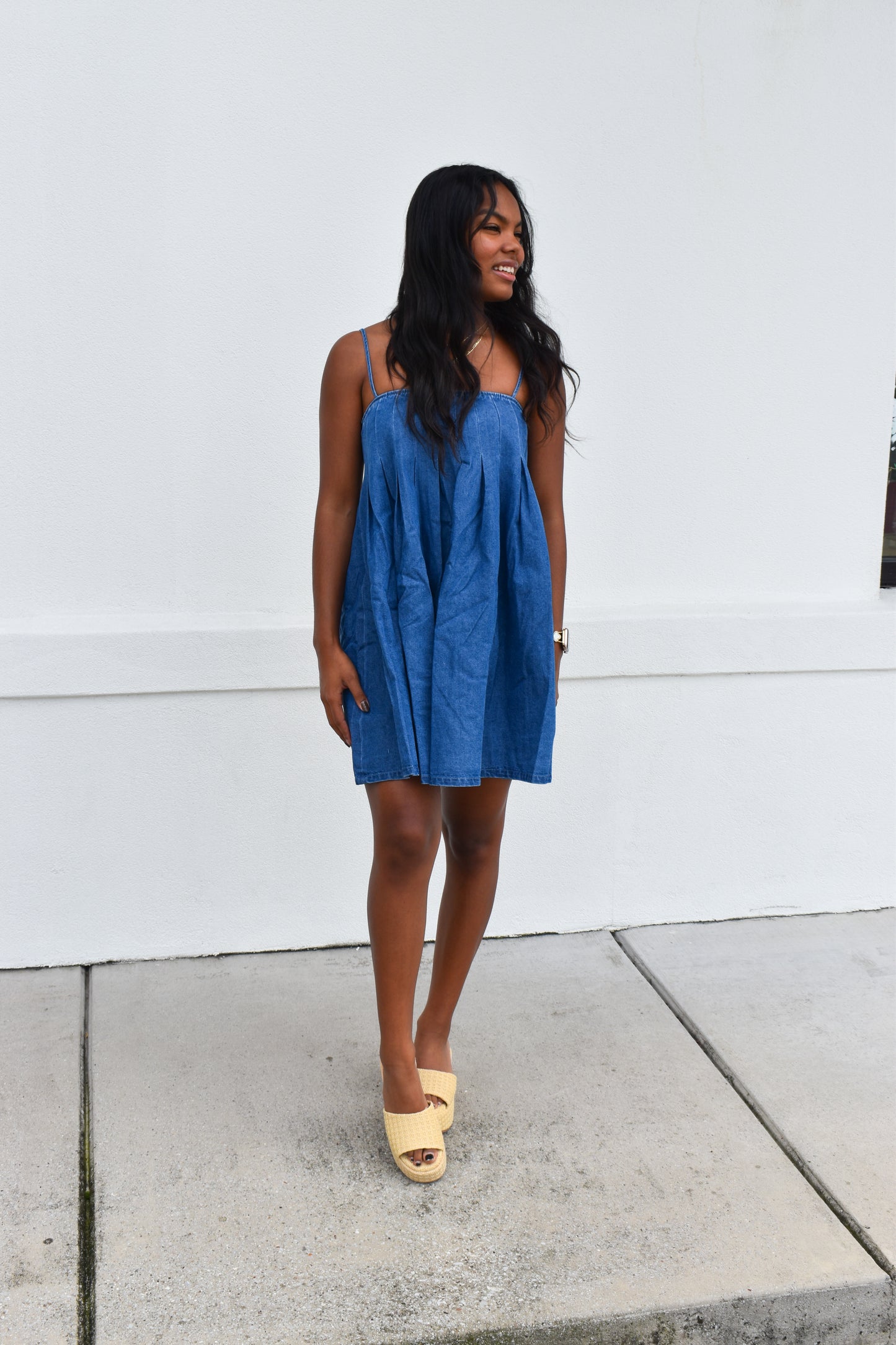 Denim Pleated Babydoll Dress