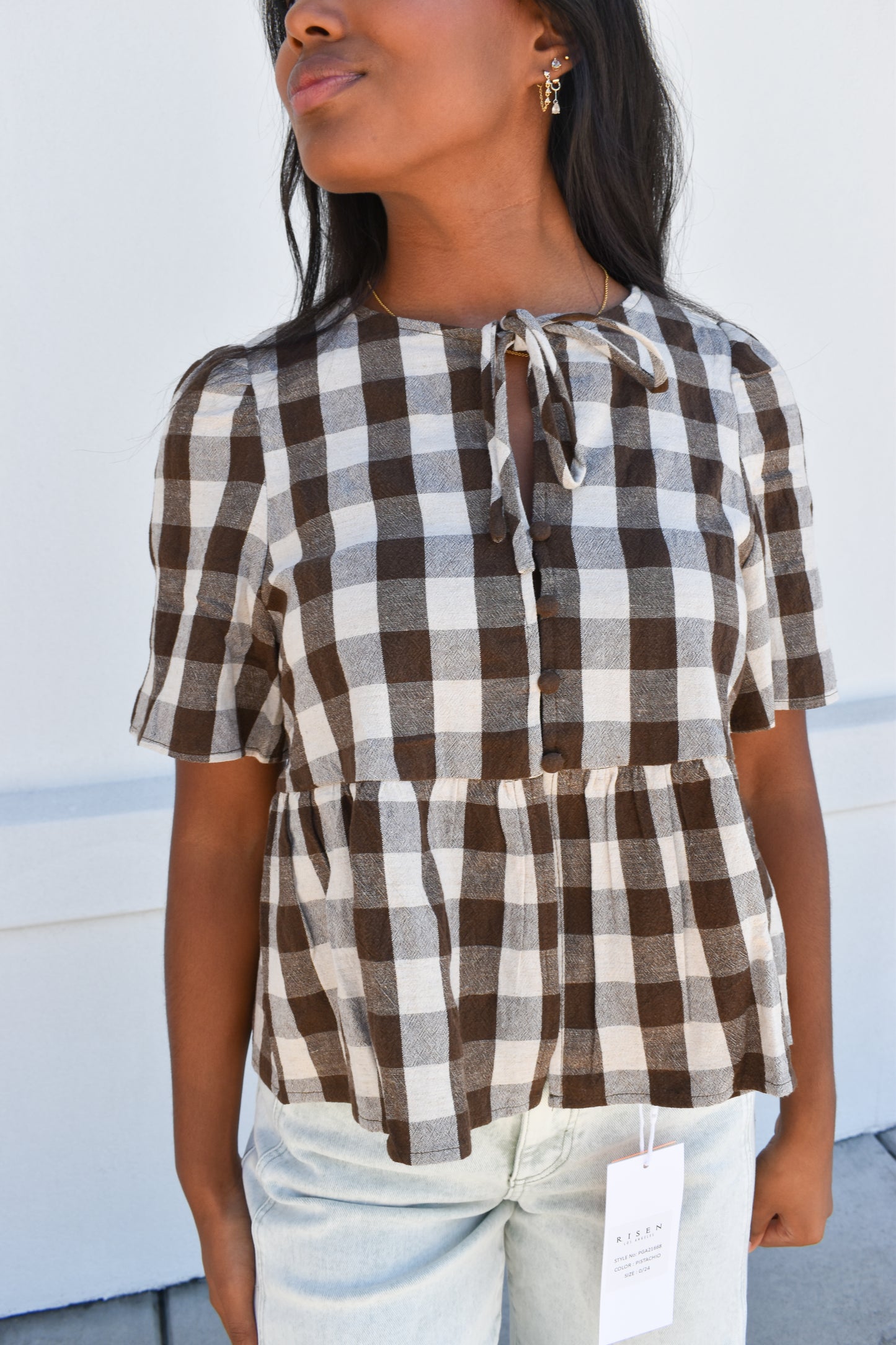 Keyhole Tie-Neck Gingham Peplum Blouse