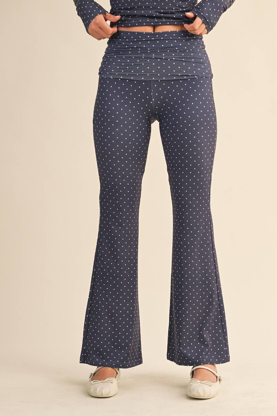 Polka Dot Print Soft Knit Jersey Foldover Flare Pants