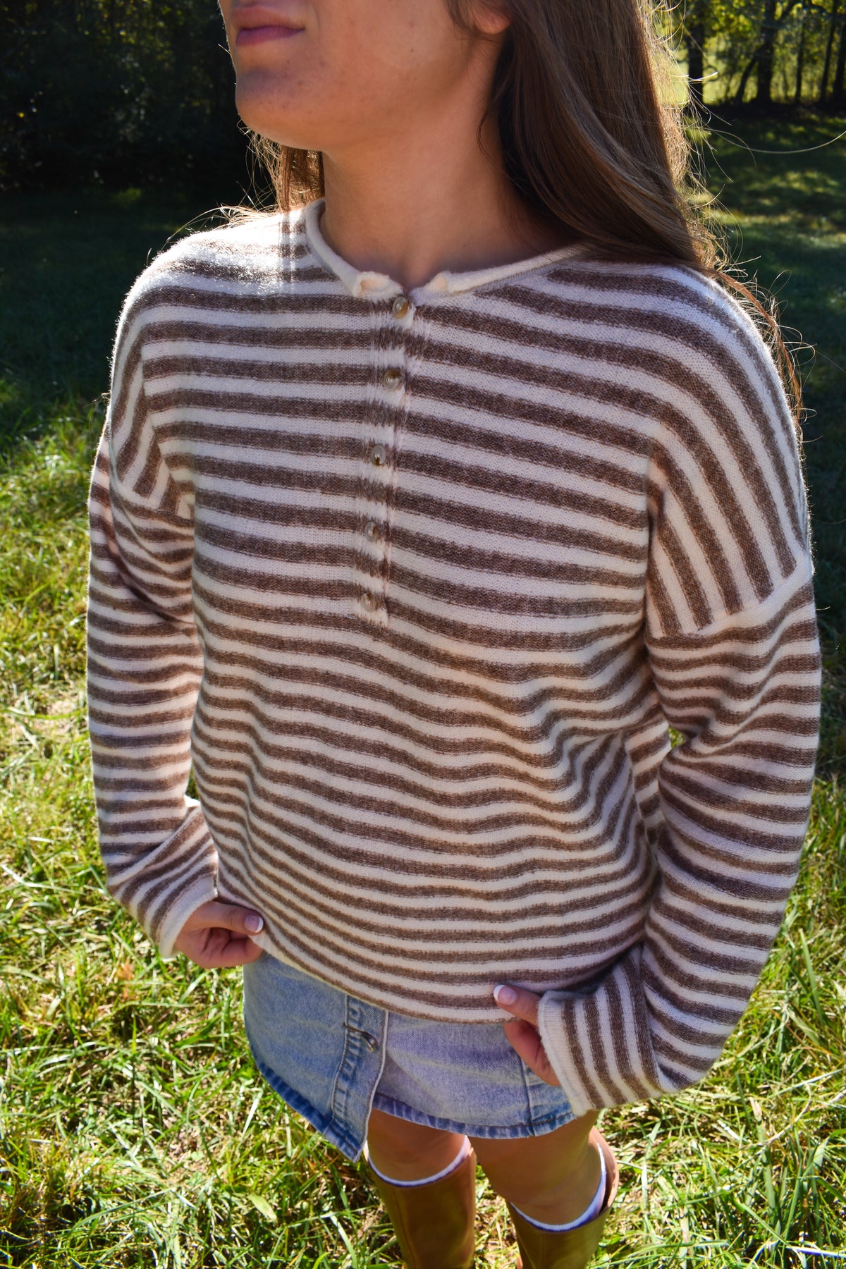 Beige Stripe Henley Pullover