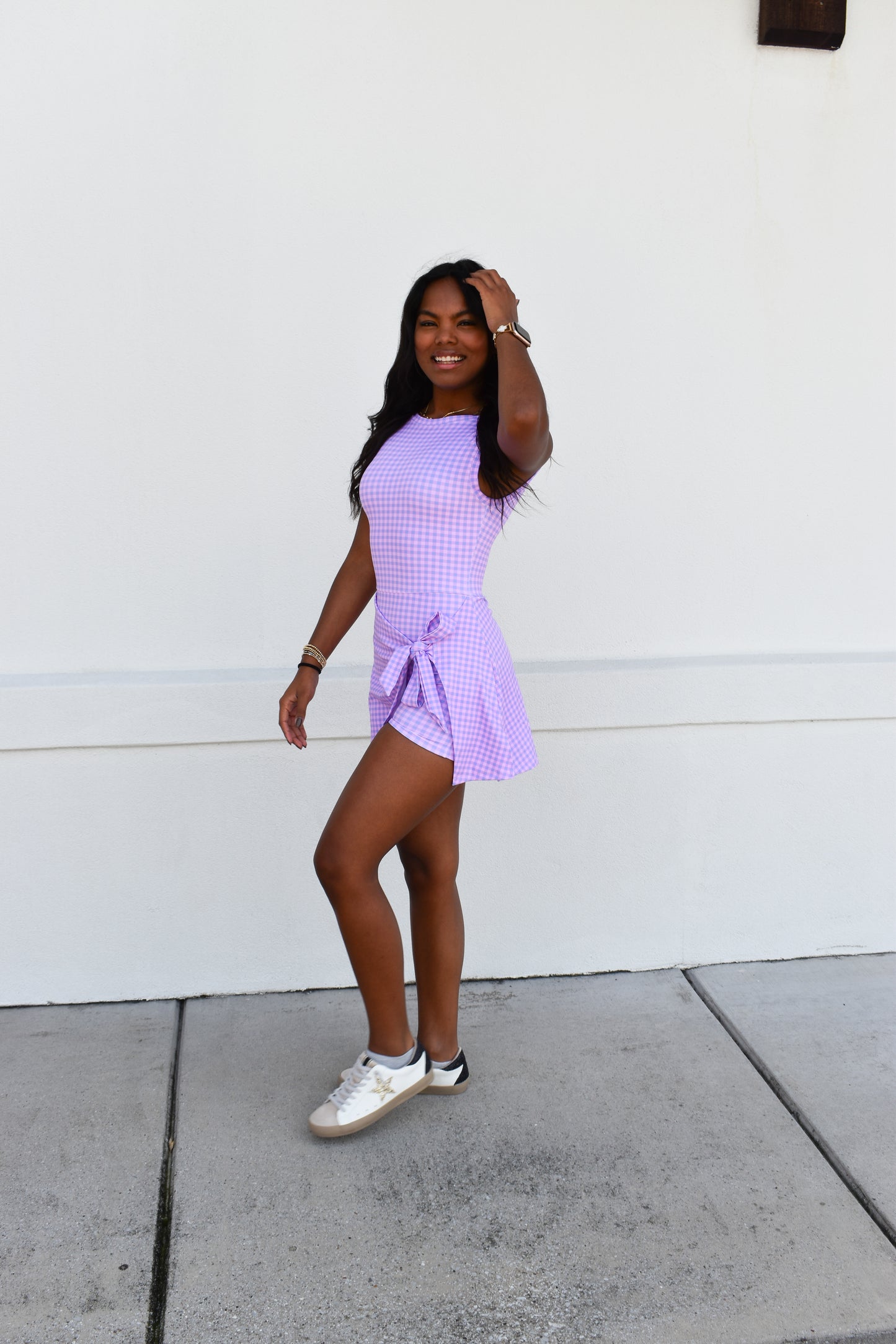 Gingham Athletic Wrap Tie Dress: Purple