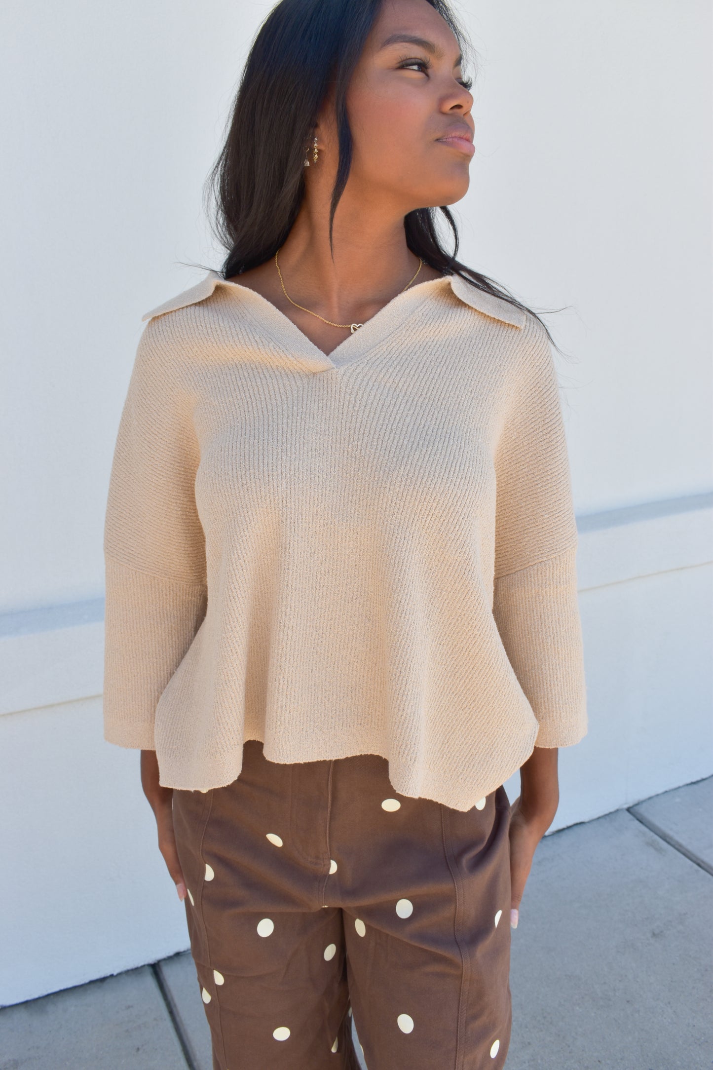 Polo Collar Open V-Neck Pullover