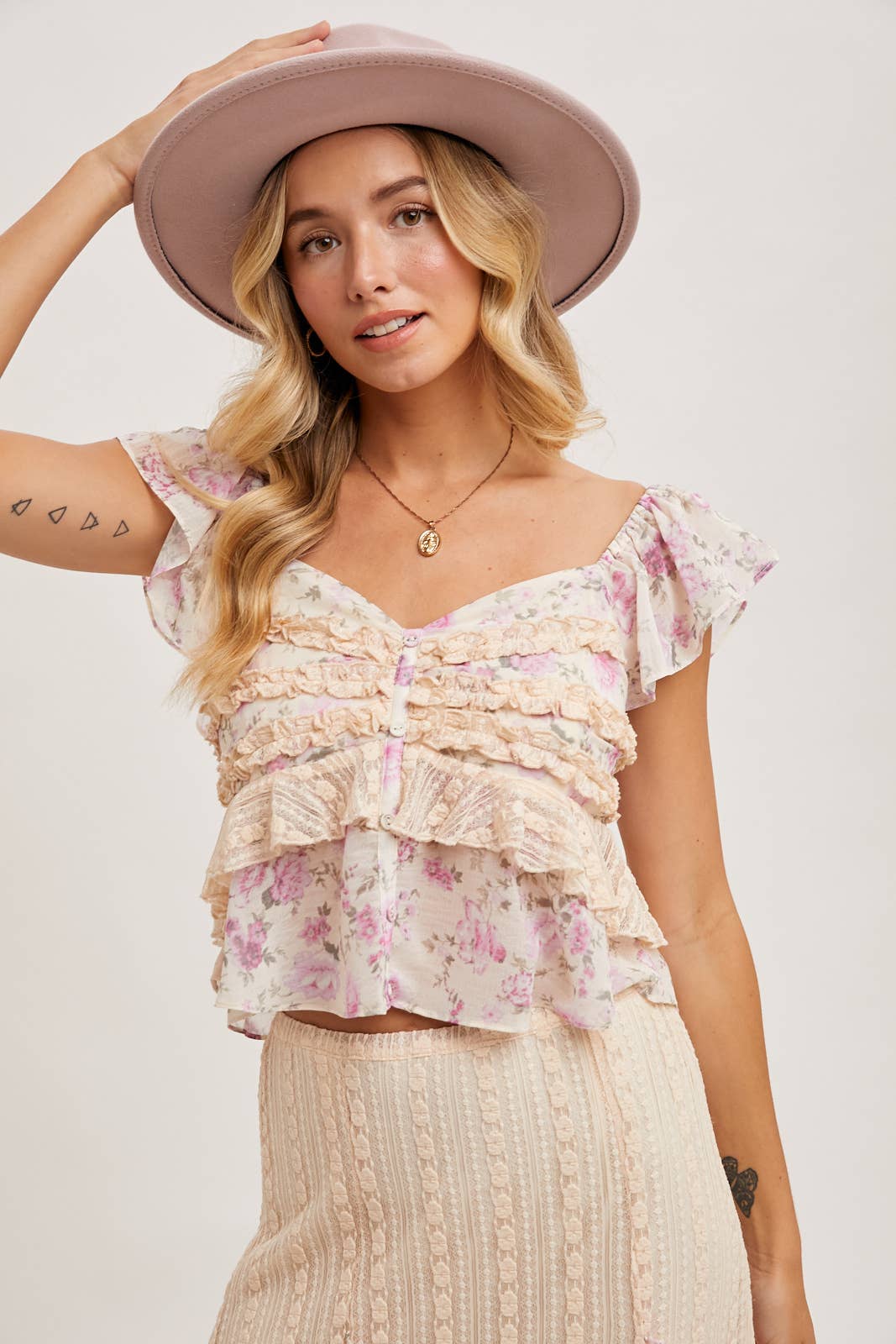 Floral Print Ruffle Lace Sweetheart Top