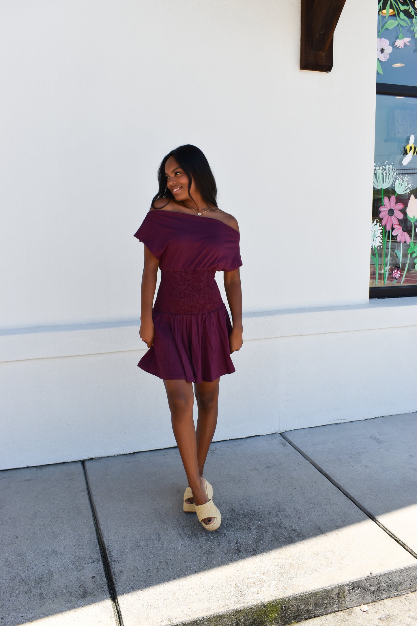 Off Shoulder Smocked Waist Dress: Wine