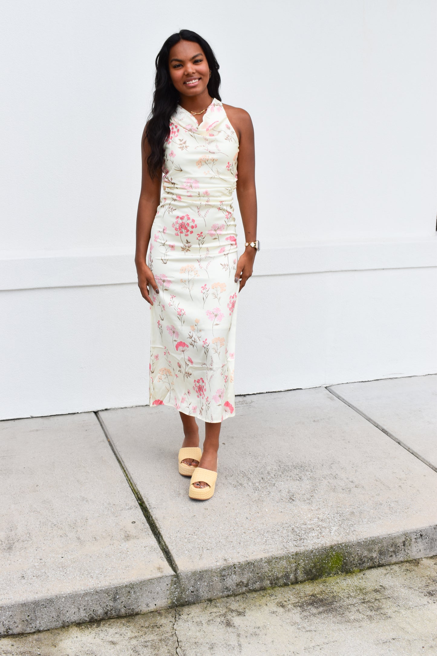 Cowl Neck Floral Midi Dress